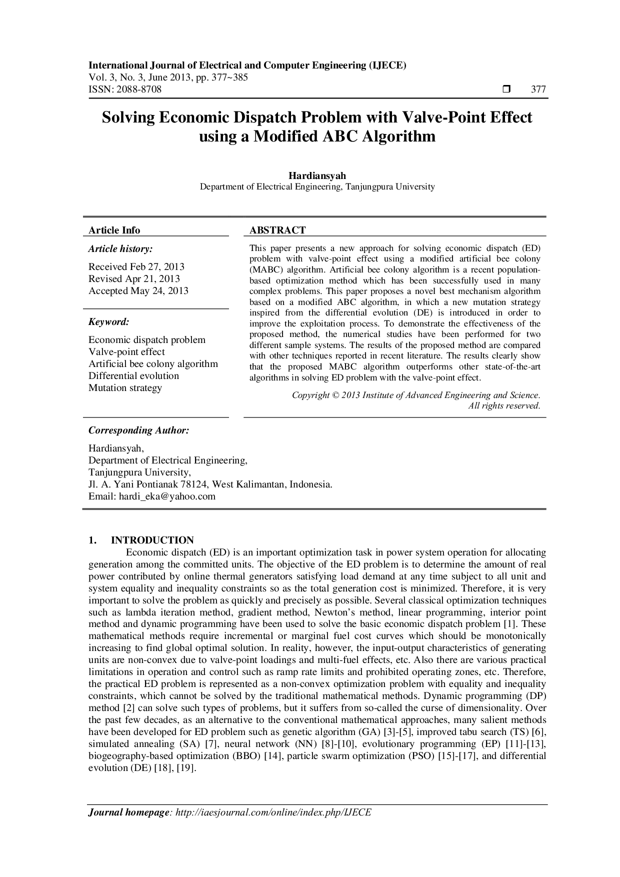 JURIS Solving Economic Dispatch Problem with Valve Point Effect using a Modified ABC Algorithm