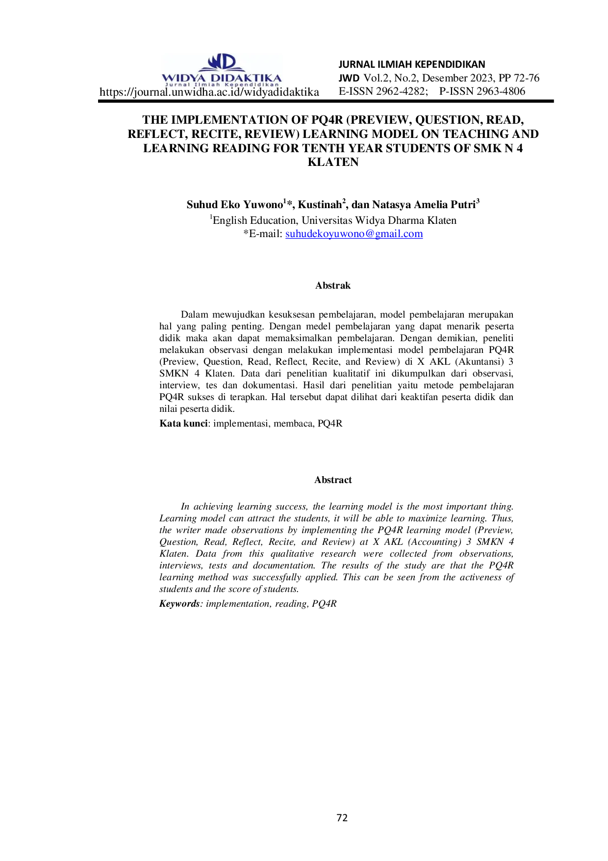 JURIS THE IMPLEMENTATION OF PQ4R PREVIEW QUESTION READ REFLECT RECITE REVIEW LEARNING MODEL ON TEACHING AND LEARNING READING FOR TENTH YEAR STUDENTS OF SMK N 4 KLATEN