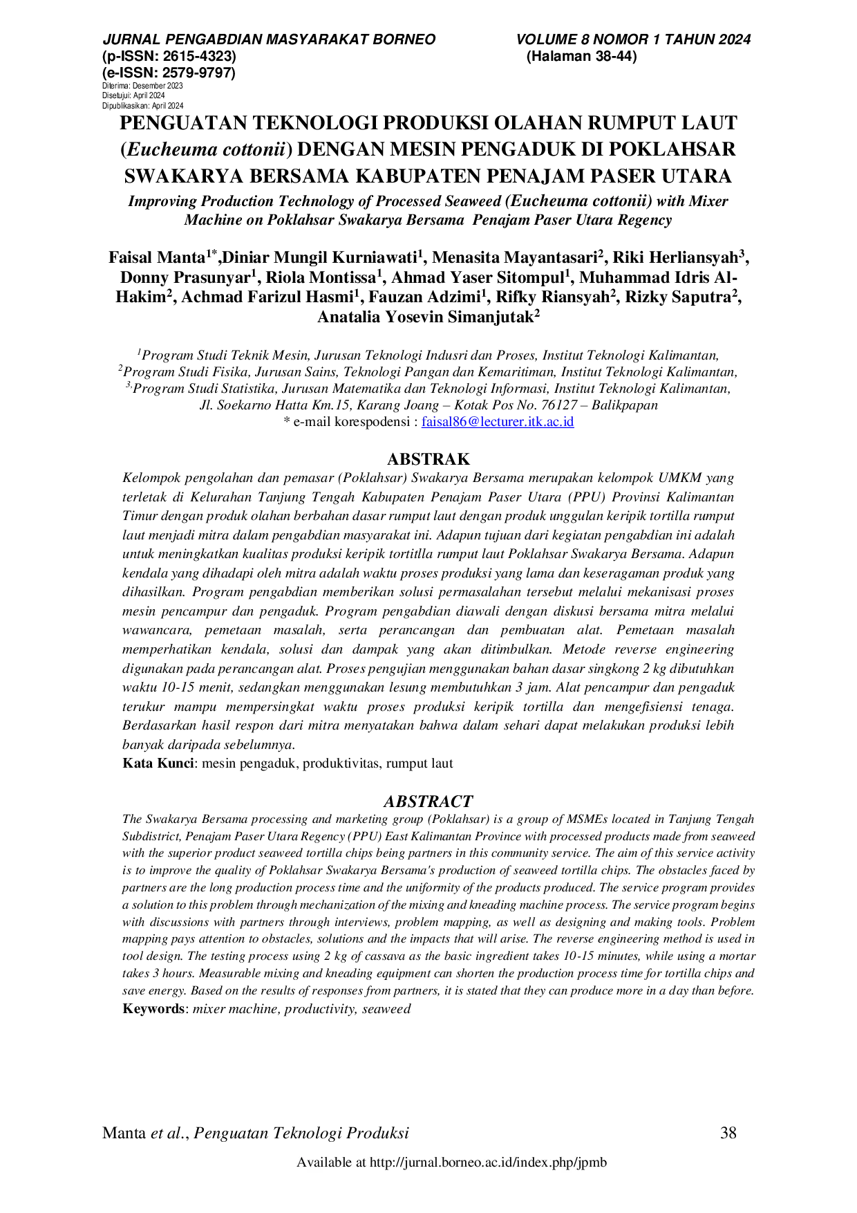 JURIS Improving Produktion Technology of Processed Seaweed on Poklahsar Swakarya Bersama in Penajam Paser Utara