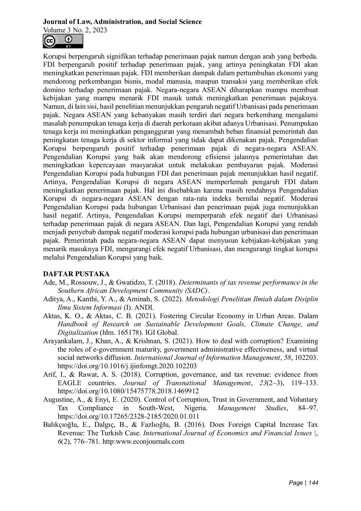 JURIS Pengaruh Foreign Direct Investment Dan Urbanisasi Terhadap Penerimaan Pajak Dengan Moderasi Pengendalian Korupsi Pada Negara ASEAN