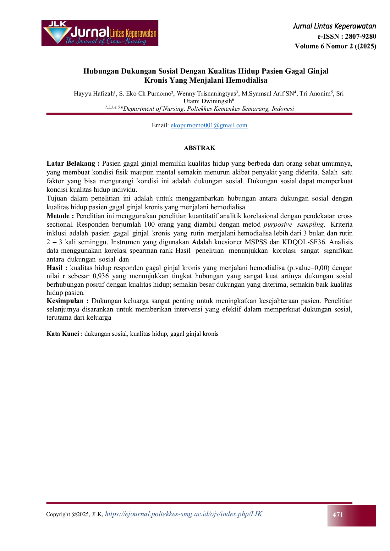 JURIS Hubungan Dukungan Sosial dengan Kualitas Hidup Pasien Gagal Ginjal Kronis Yang Menjalani Hemodialisa