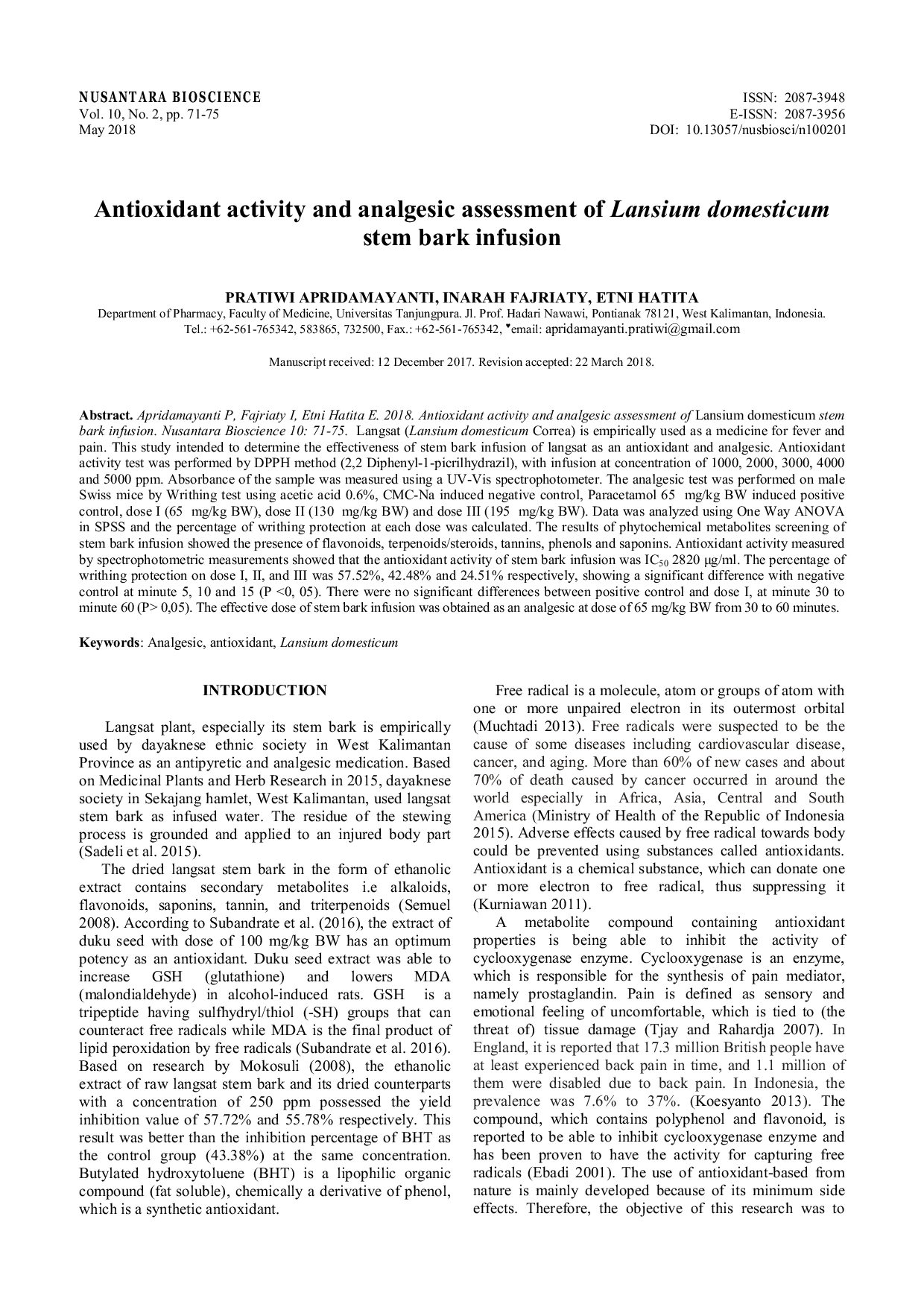 JURIS Antioxidant activity and analgesic assessment of Lansium domesticum stem bark infusion