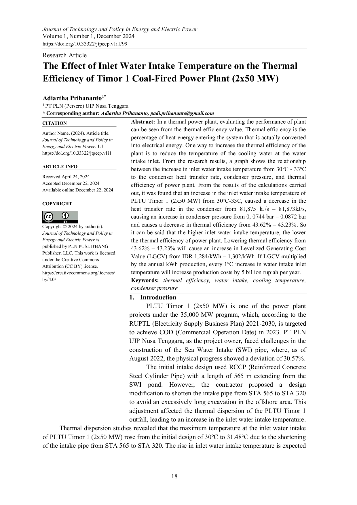 JURIS The Effect of Inlet Water Intake Temperature on the Thermal Efficiency of Timor 1 Coal Fired Power Plant 2x50 MW