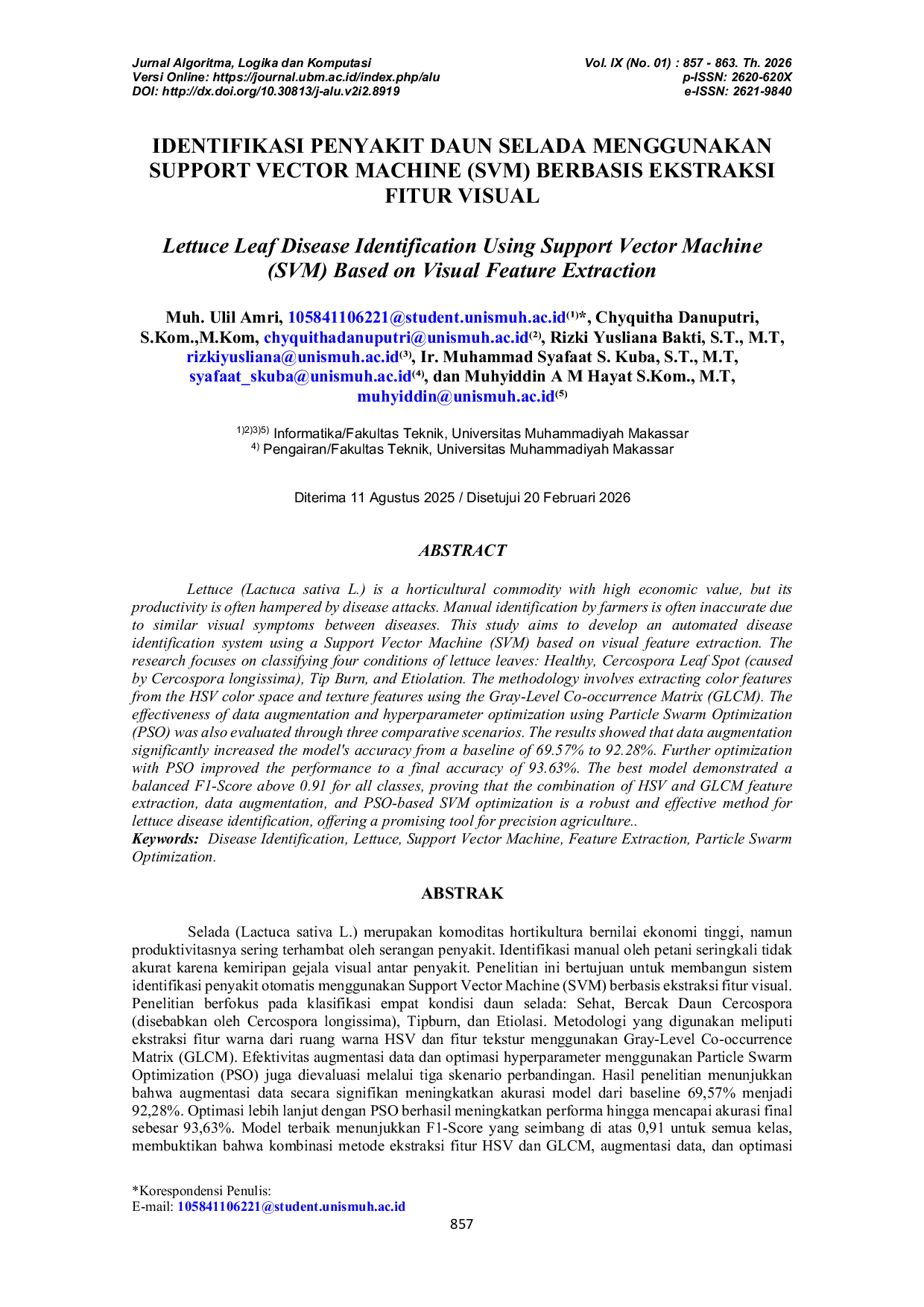 JURIS Identifikasi Penyakit Daun Selada Menggunakan Support Vector Machine SVM Berbasis Ekstraksi Fitur Visual