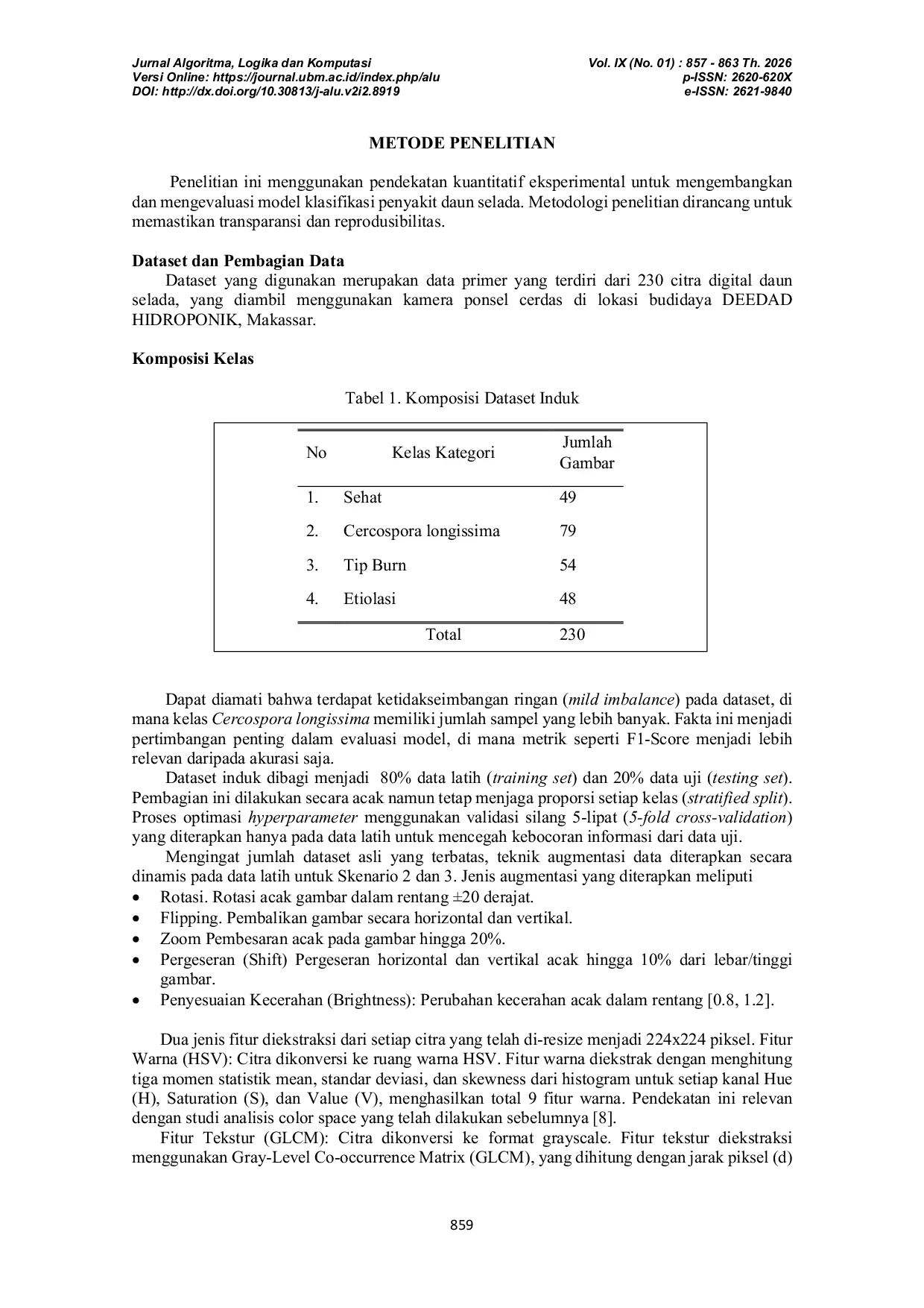 JURIS Identifikasi Penyakit Daun Selada Menggunakan Support Vector Machine SVM Berbasis Ekstraksi Fitur Visual