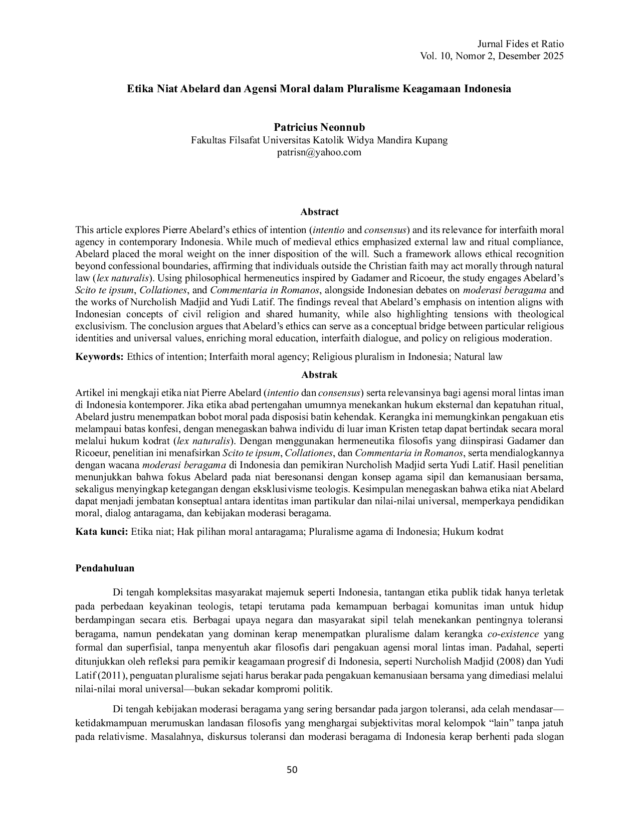 JURIS Etika Niat Abelard dan Agensi Moral dalam Pluralisme Keagamaan Indonesia