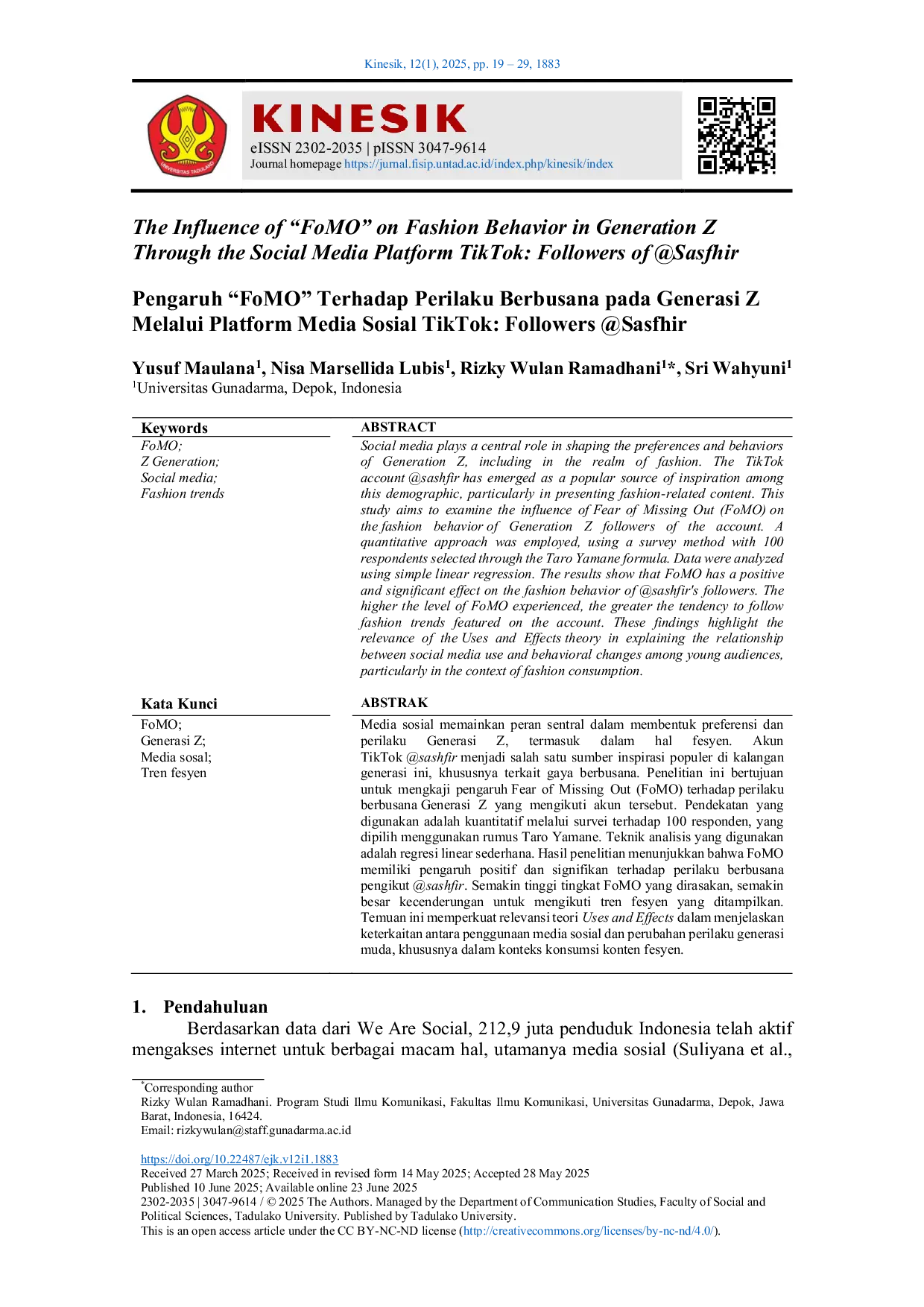 JURIS The Influence of FoMO on Fashion Behavior in Generation Z Through the Social Media Platform TikTok Followers of Sasfhir