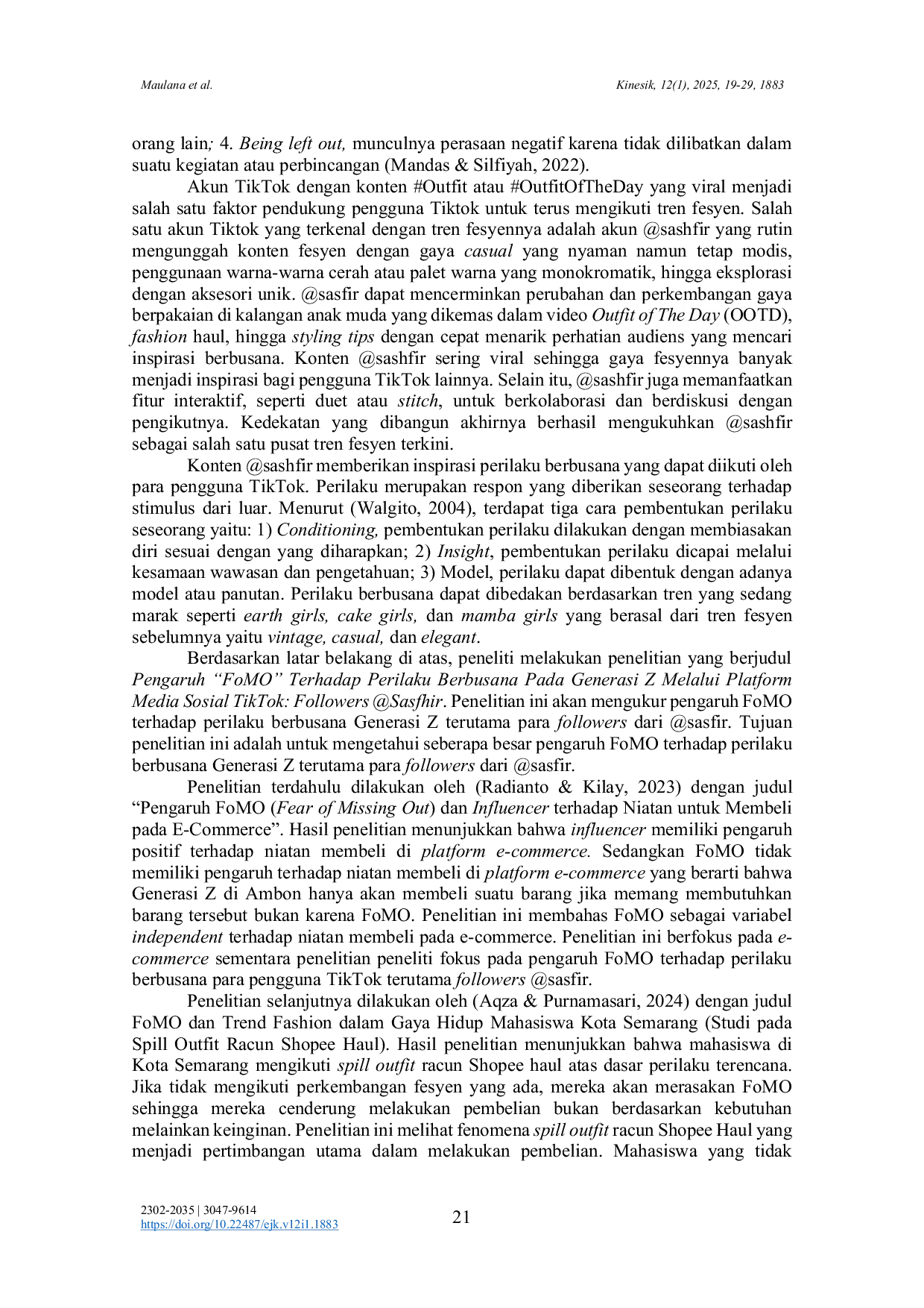 JURIS The Influence of FoMO on Fashion Behavior in Generation Z Through the Social Media Platform TikTok Followers of Sasfhir