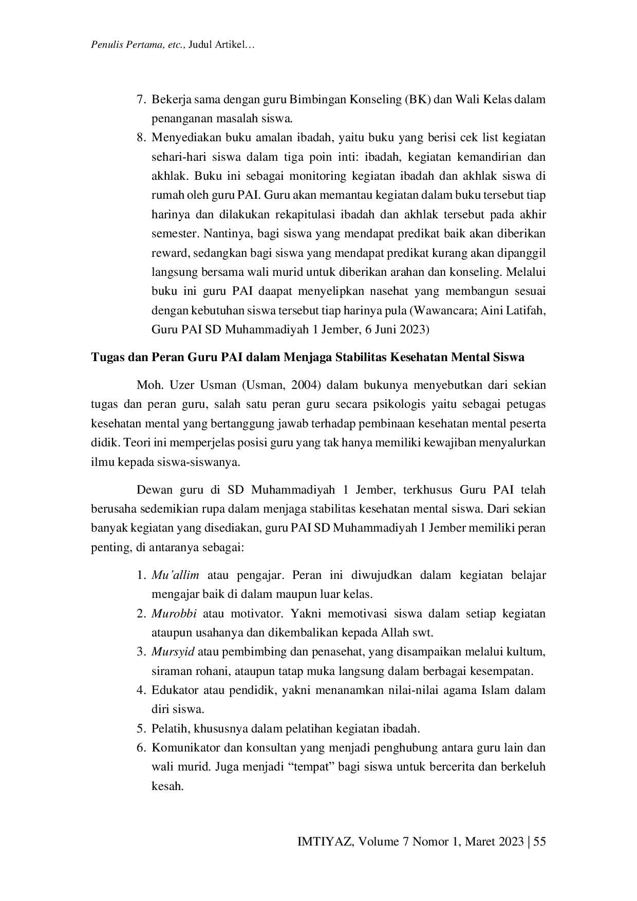 JURIS Peran Guru PAI SD Muhammadiyah 1 Jember pada Stabilitas Kesehatan Mental Siswa