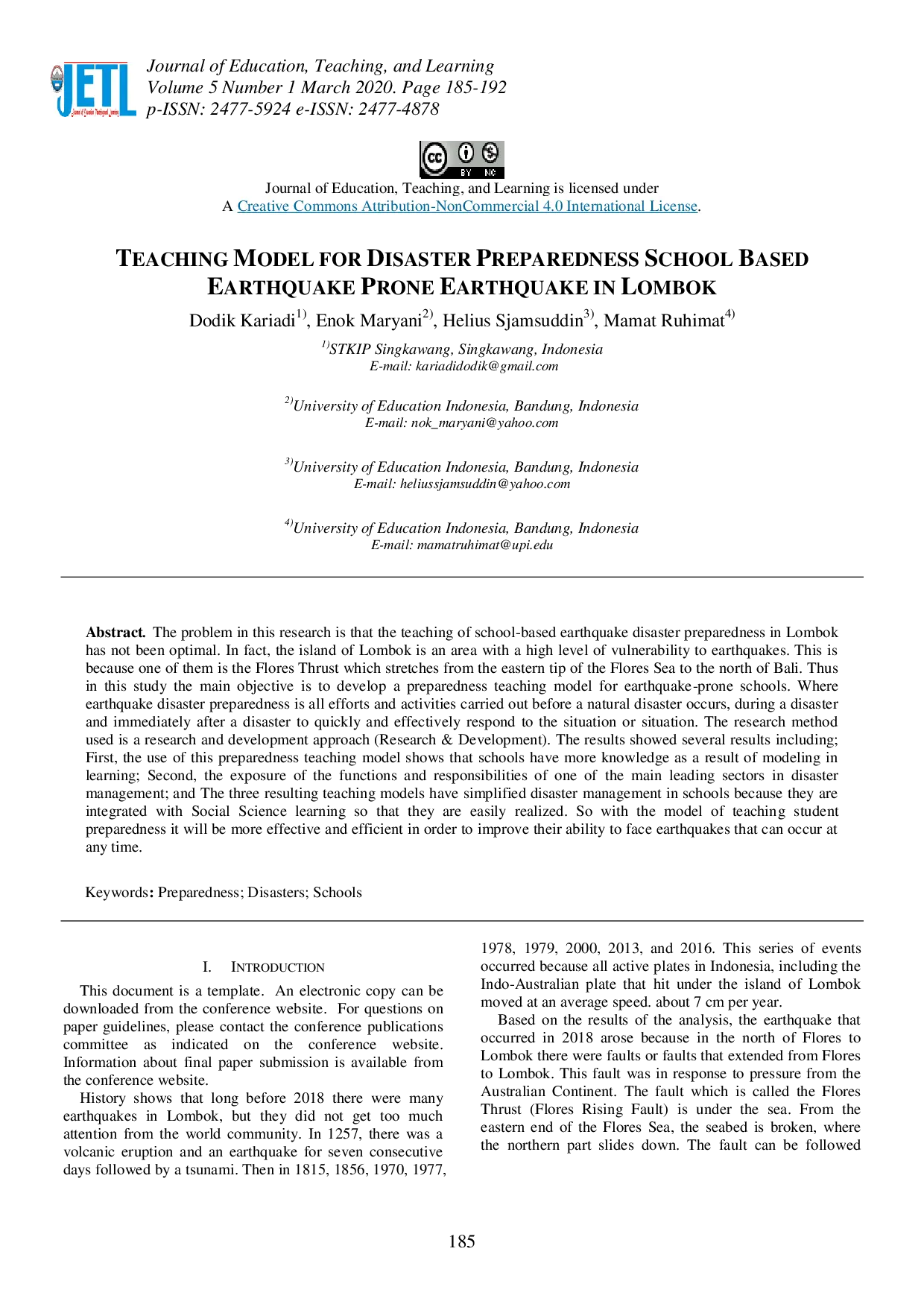 juris Teaching Model for Disaster Preparedness School Based Earthquake Prone Earthquake in Lombok