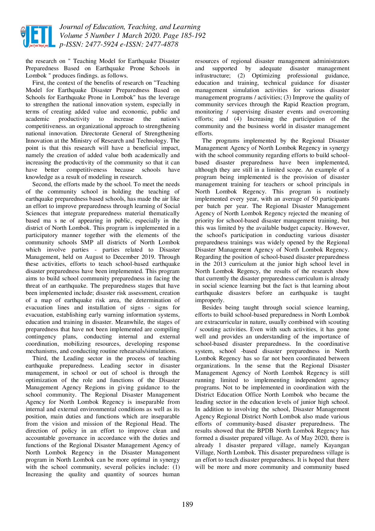 juris Teaching Model for Disaster Preparedness School Based Earthquake Prone Earthquake in Lombok
