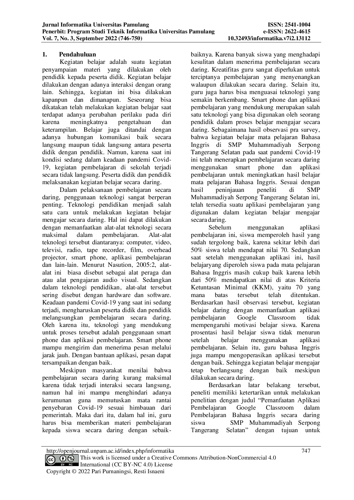 JURIS Pemanfaatan Aplikasi Pembelajaran Google Classroom dalam Pembelajaran Bahasa Inggris secara Daring Siswa SMP Muhammadiyah Serpong Tangerang Selatan