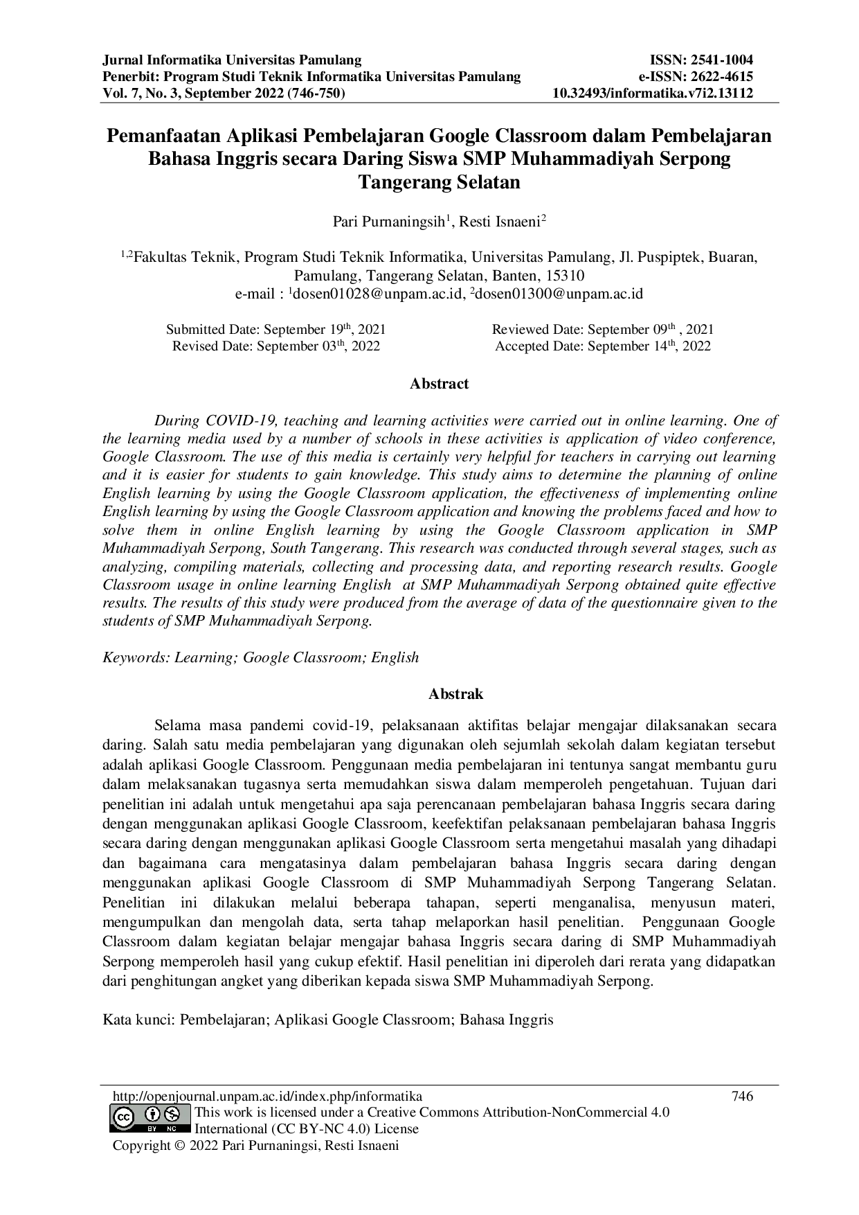 JURIS Pemanfaatan Aplikasi Pembelajaran Google Classroom dalam Pembelajaran Bahasa Inggris secara Daring Siswa SMP Muhammadiyah Serpong Tangerang Selatan