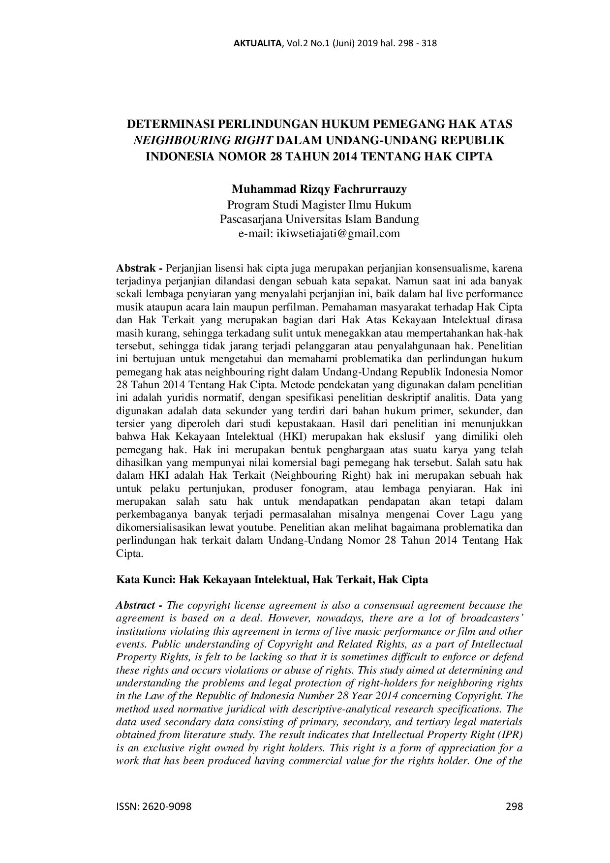 JURIS Determinasi Perlindungan Hukum Pemegang Hak atas Neighbouring Right Dalam Undang Undang Republik Indonesia Nomor 28 Tahun 2014 Tentang Hak Cipta