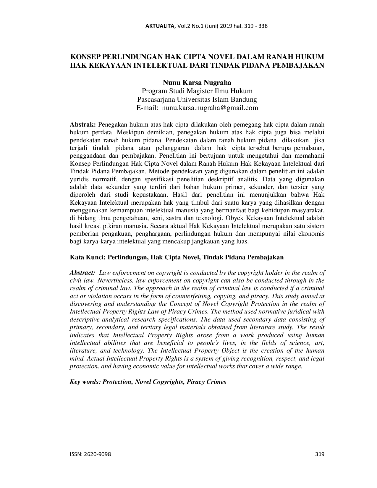 JURIS Konsep Perlindungan Hak Cipta Novel Dalam Ranah Hukum Hak Kekayaan Intelektual Dari Tindak Pidana Pembajakan