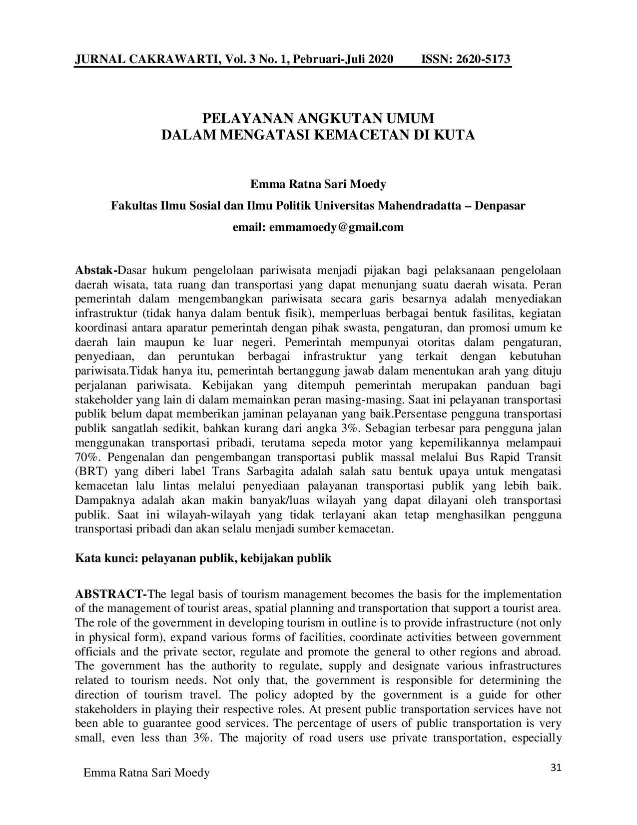 JURIS Pelayanan Angkutan Umum Dalam Mengatasi Kemacetan Di Kuta