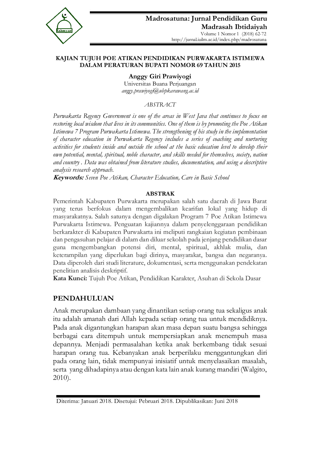 JURIS Kajian Tujuh Poe Atikan Pendidikan Purwakarta Istimewa Dalam Peraturan Bupati Nomor 69 Tahun 2015