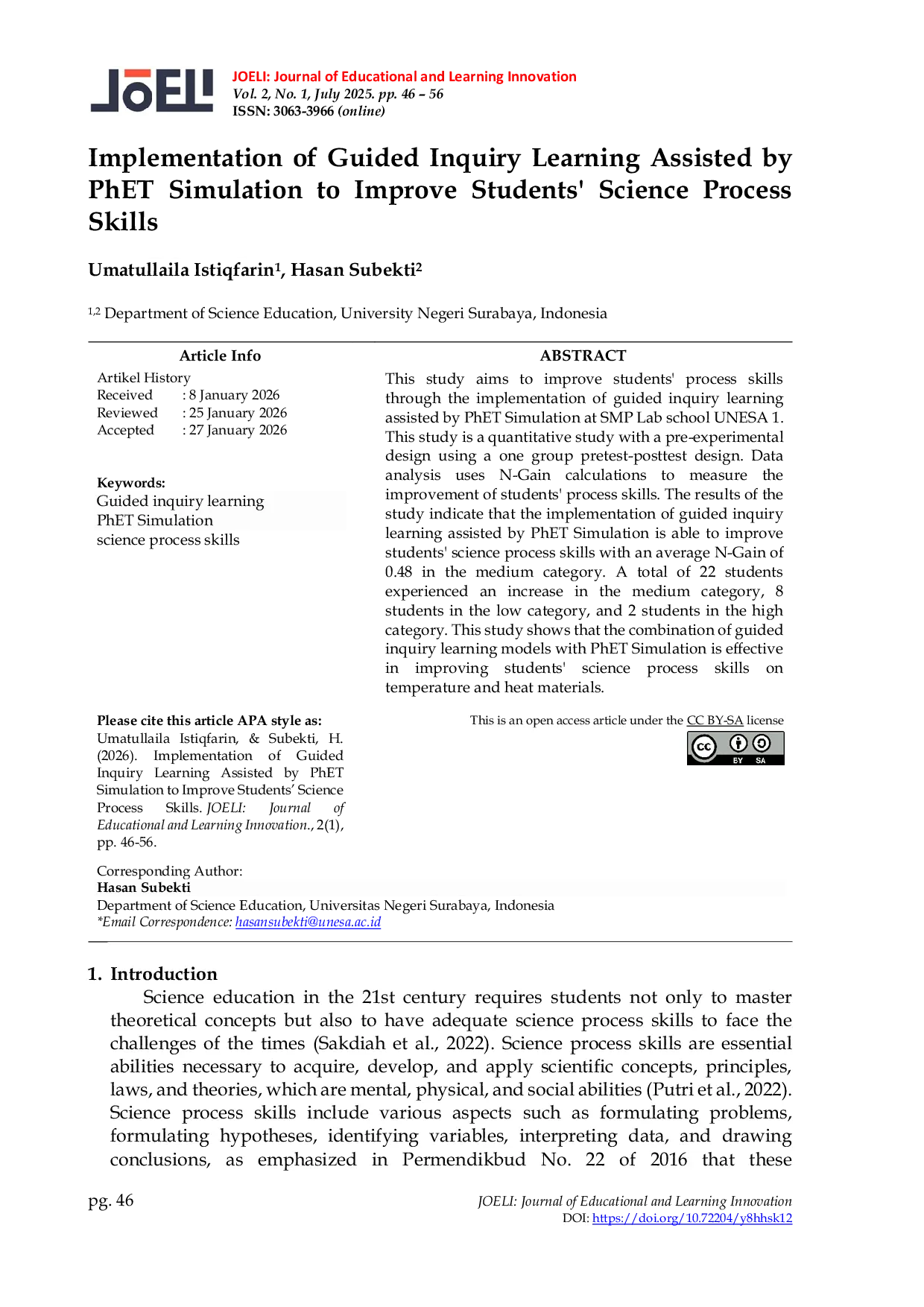 JURIS Implementation of Guided Inquiry Learning Assisted by PhET Simulation to Improve Students Science Process Skills