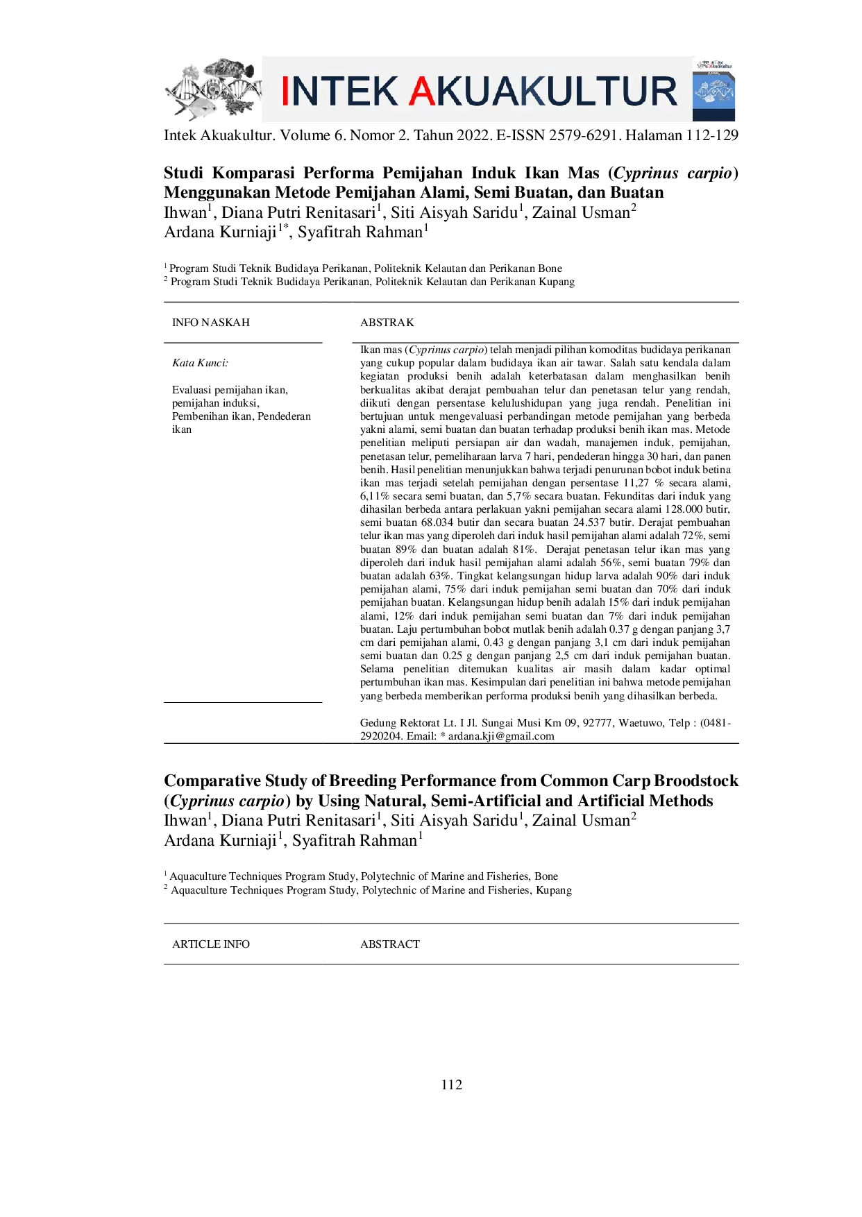 JURIS Comparative Study of Breeding Result from Common Carp Broodstock Cyprinus carpio by Using Natural Semi Artificial and Artificial Methods