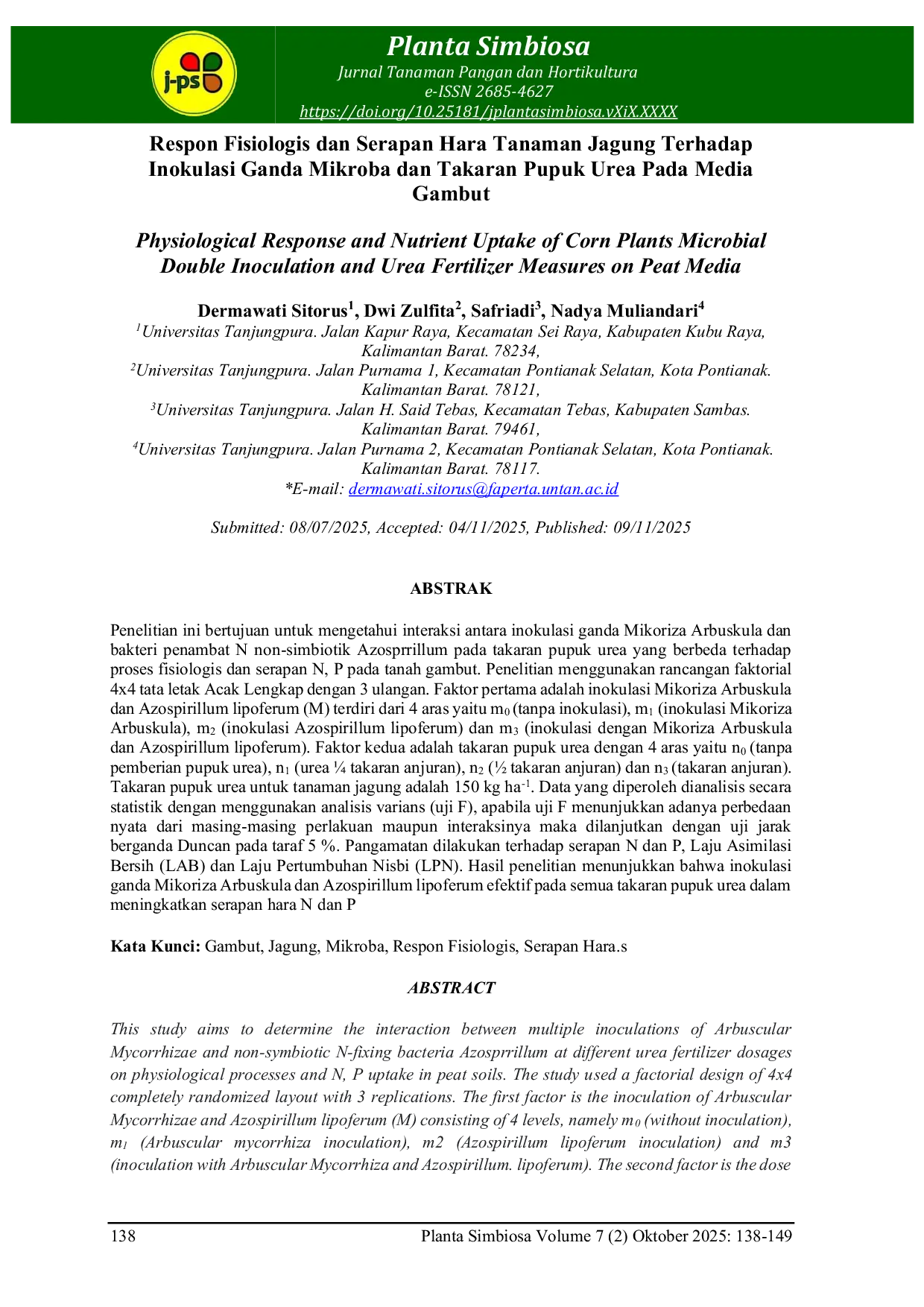 JURIS Physiological Response and Nutrient Uptake of Corn Plants Microbial Double Inoculation and Urea Fertilizer Measures on Peat Media