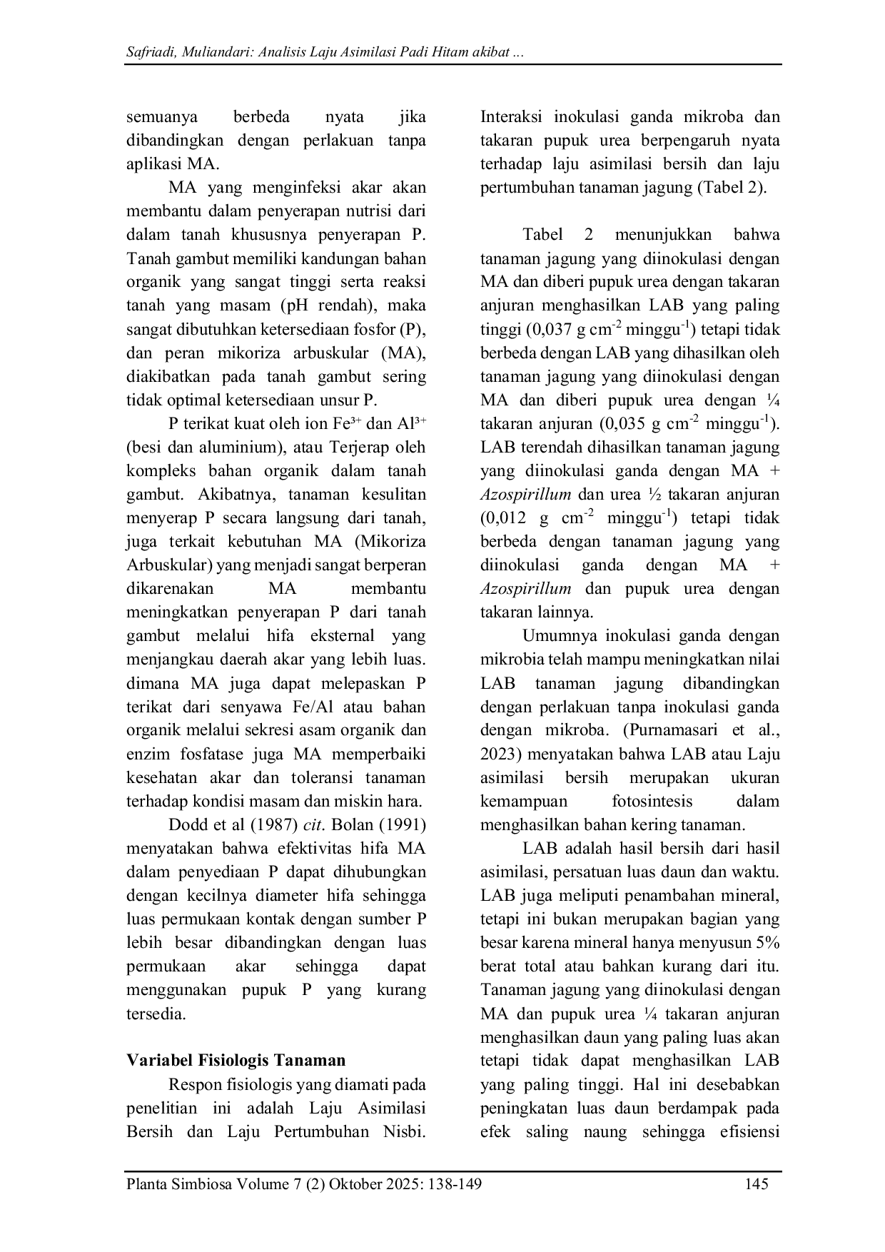 JURIS Physiological Response and Nutrient Uptake of Corn Plants Microbial Double Inoculation and Urea Fertilizer Measures on Peat Media