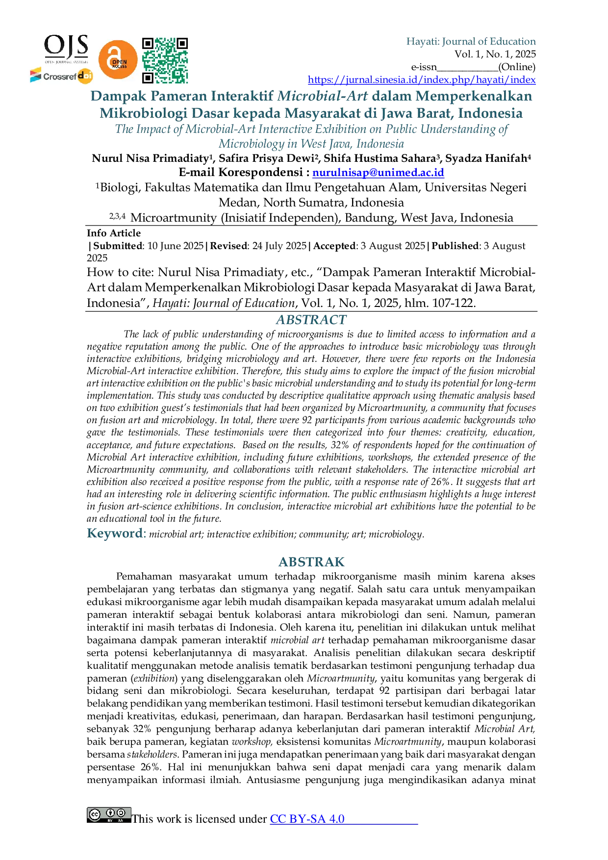 JURIS Dampak Pameran Interaktif Microbial Art Dalam Memperkenalkan Mikrobiologi Dasar Kepada Masyarakat Di Jawa Barat Indonesia
