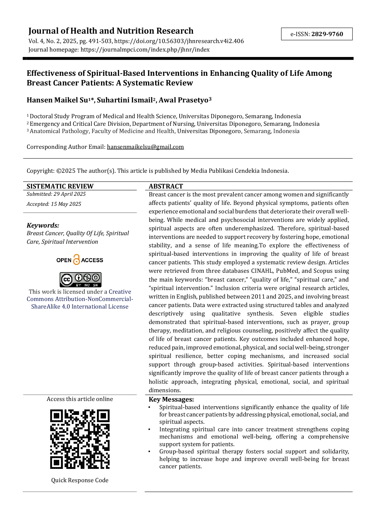 JURIS Effectiveness of Spiritual Based Interventions in Enhancing Quality of Life Among Breast Cancer Patients A Systematic Review