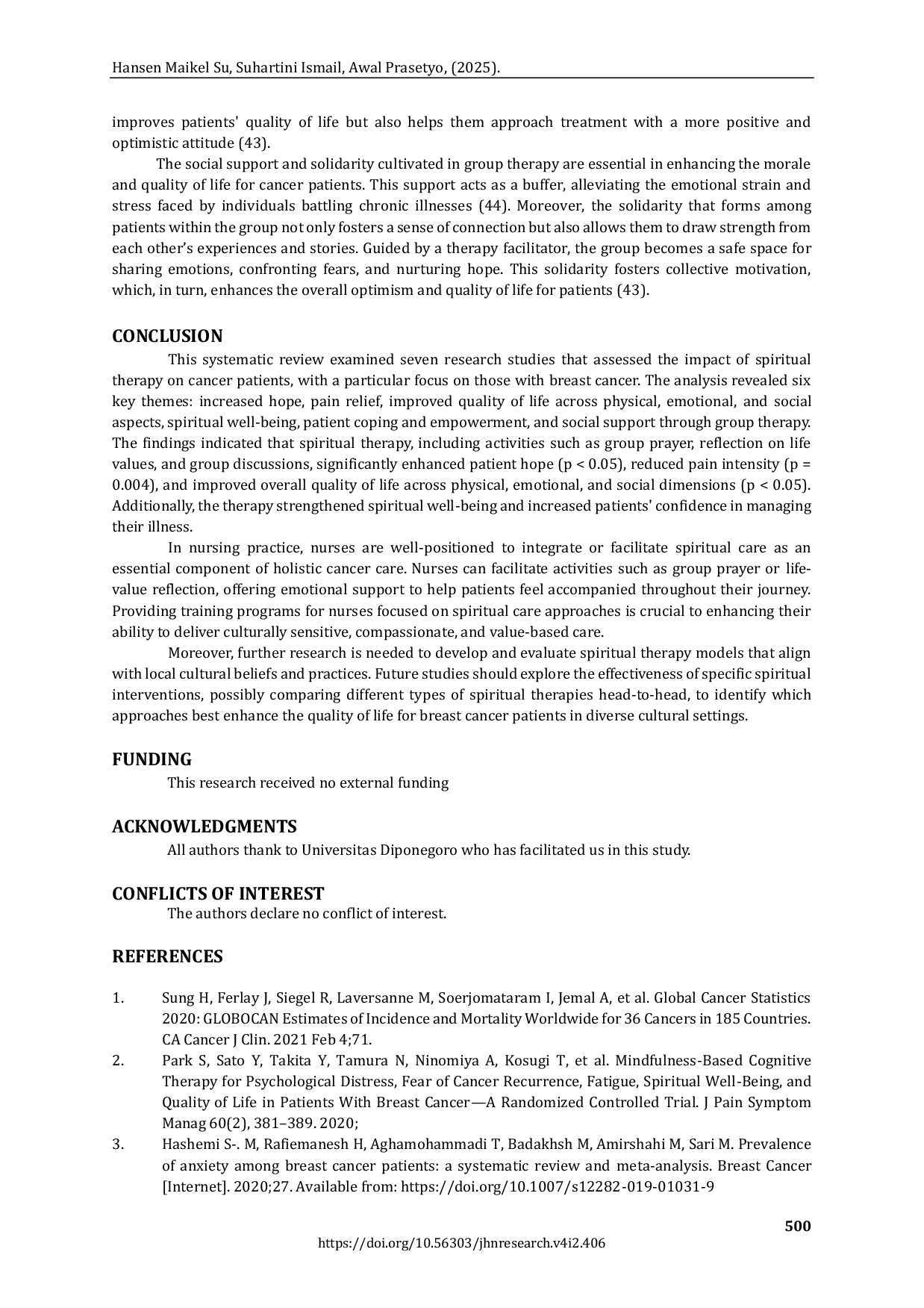 JURIS Effectiveness of Spiritual Based Interventions in Enhancing Quality of Life Among Breast Cancer Patients A Systematic Review