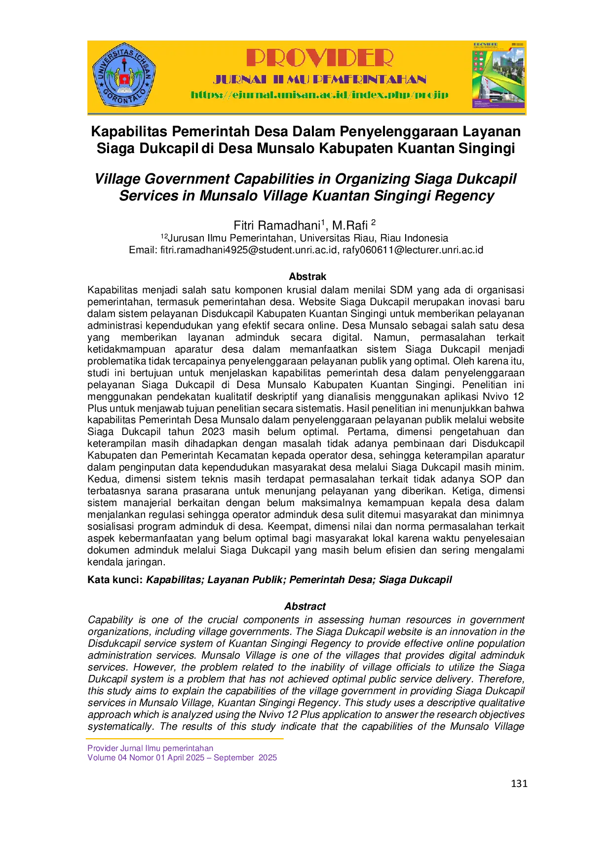 JURIS Kapabilitas Pemerintah Desa Dalam Penyelenggaraan Layanan Siaga Dukcapil Di Desa Munsalo Kabupaten Kuantan Singingi