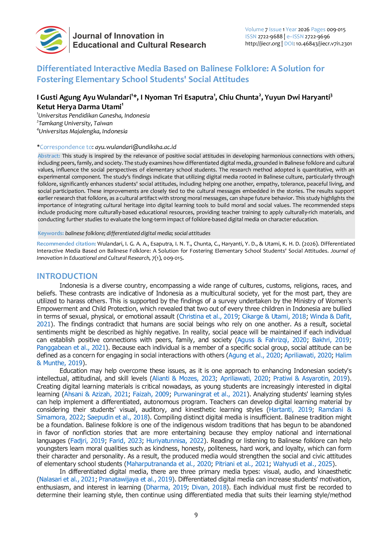 JURIS Differentiated Interactive Media Based on Balinese Folklore A Solution for Fostering Elementary School Students Social Attitudes