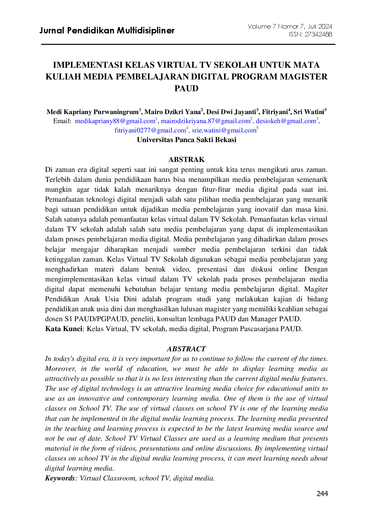 juris Implementasi Kelas Virtual TV Sekolah Untuk Mata Kuliah Media Pembelajaran Digital Program Magister PAUD