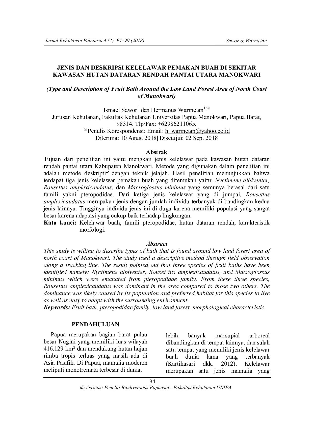 JURIS Jenis dan Deskripsi Kelelawar Pemakan Buah di Sekitar Kawasan Hutan Dataran Rendah Pantai Utara Manokwari