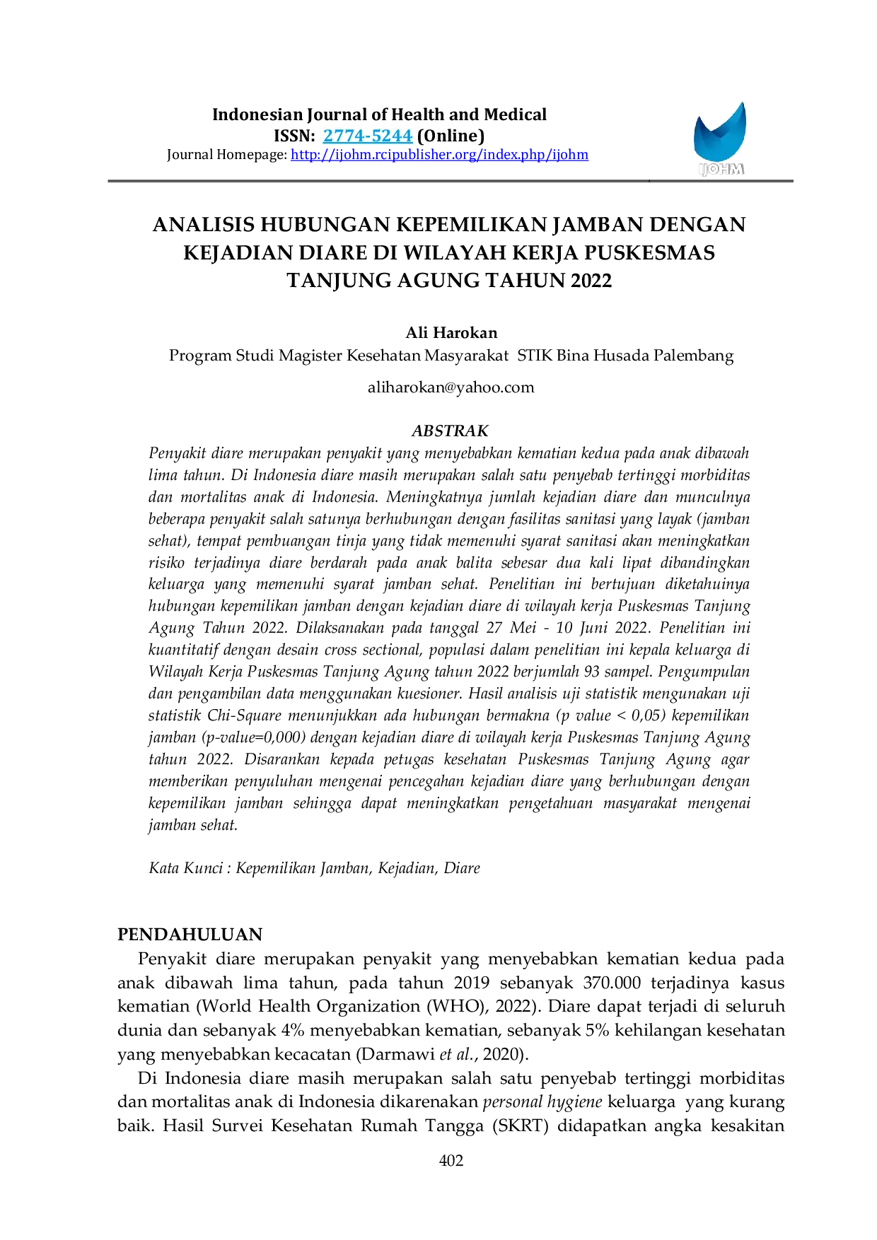 JURIS Analisis Hubungan Kepemilikan Jamban Dengan Kejadian Diare Di Wilayah Kerja Puskesmas Tanjung Agung Tahun 2022