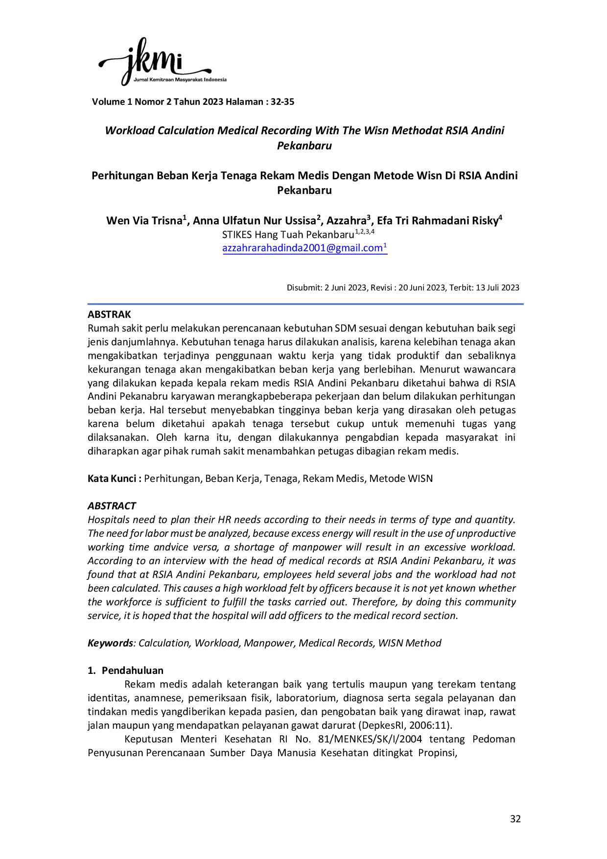 JURIS Perhitungan Beban Kerja Tenaga Rekam Medis Dengan Metode Wisn Di RSIA Andini Pekanbaru