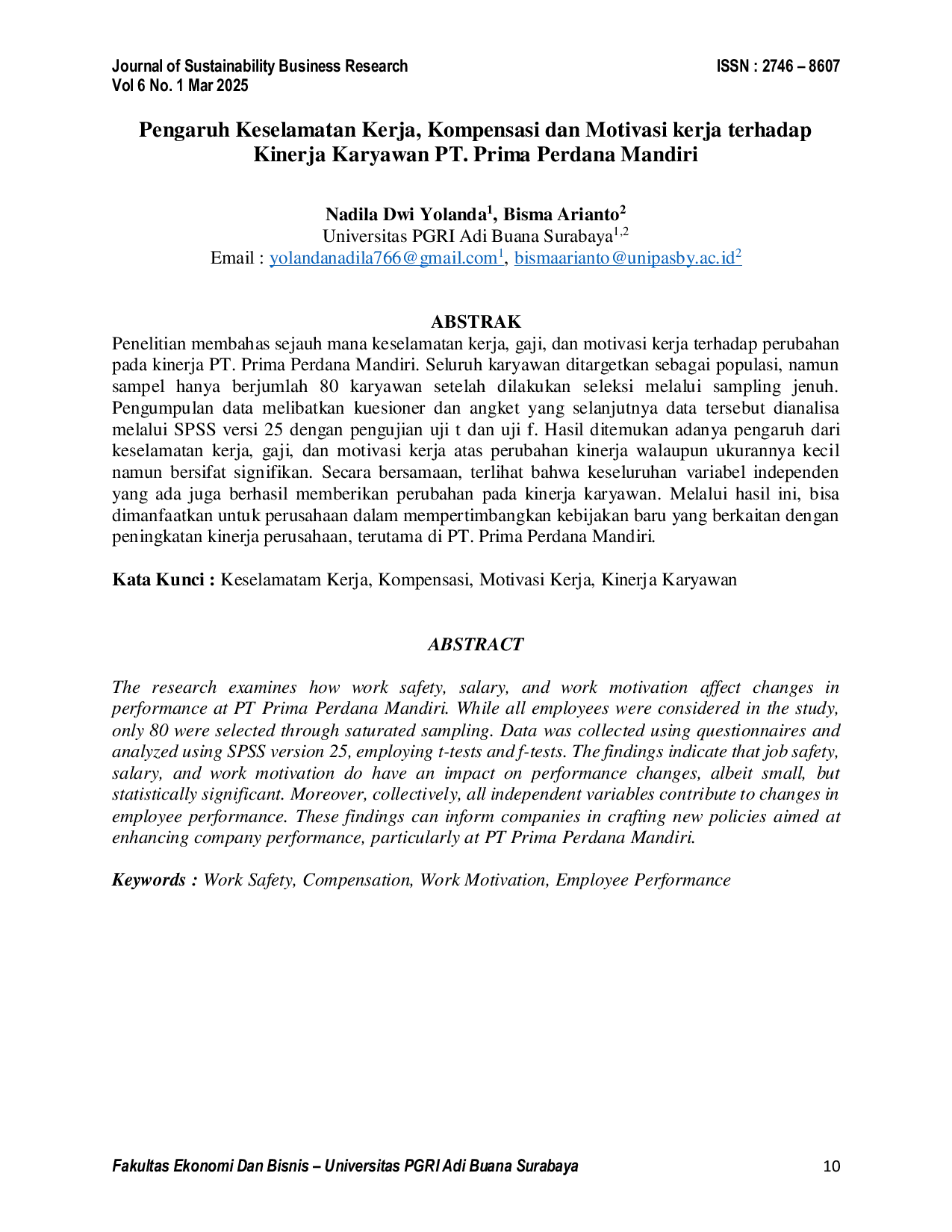 JURIS Pengaruh Keselamatan Kerja Kompensasi dan Motivasi kerja terhadap Kinerja Karyawan PT Prima Perdana Mandiri