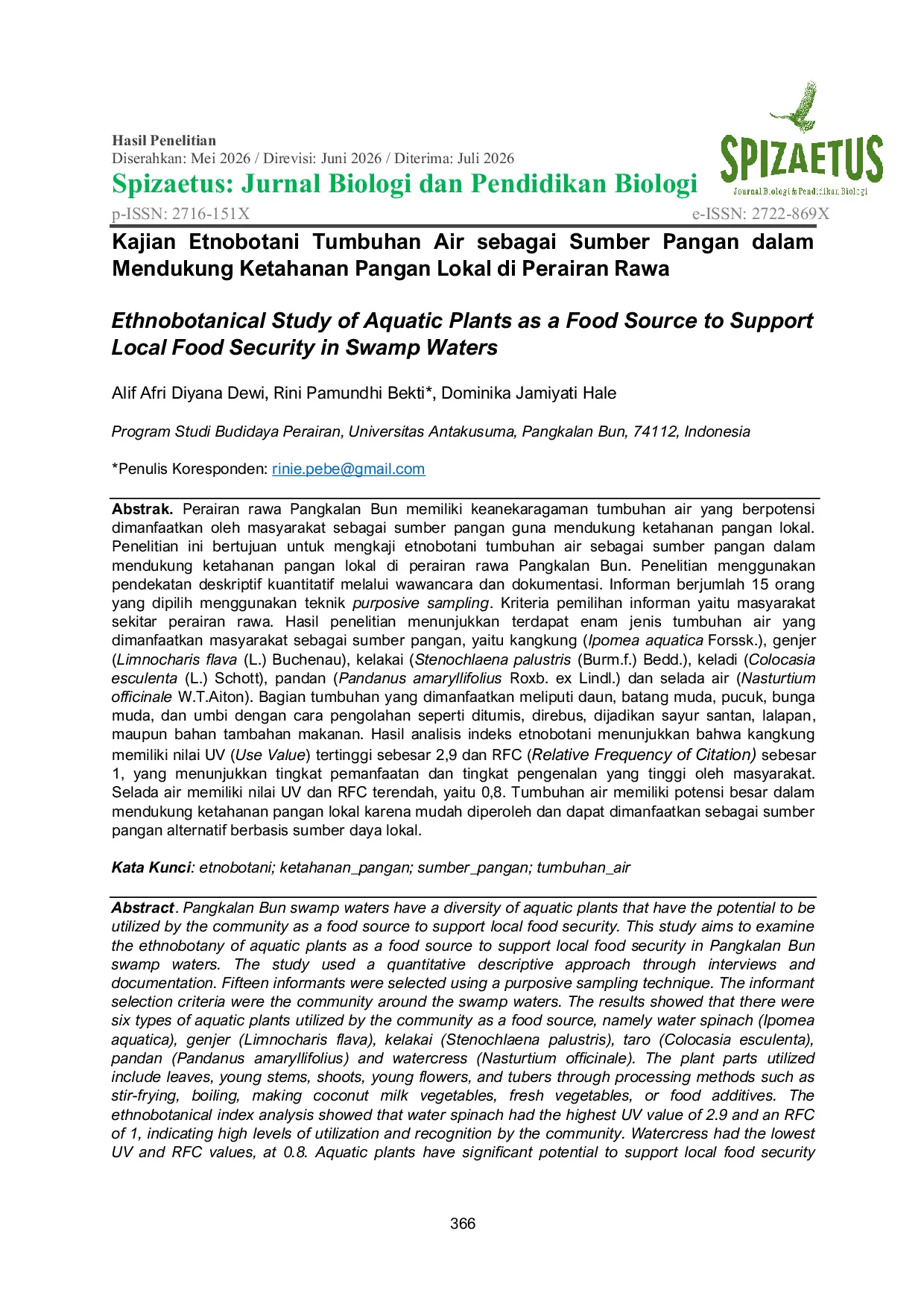 JURIS Ethnobotanical Study of Aquatic Plants as a Food Source to Support Local Food Security in Swamp Waters