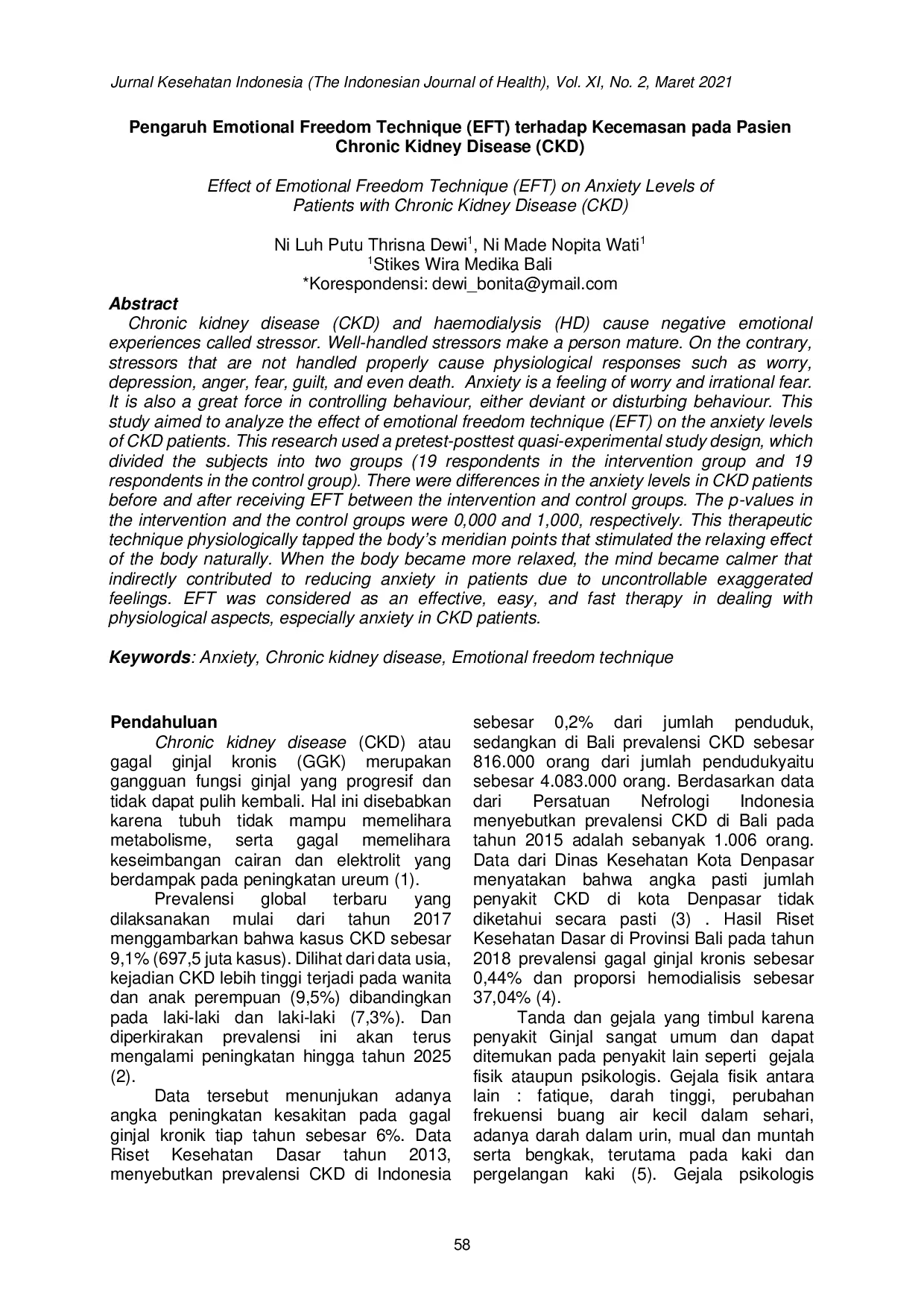 JURIS Pengaruh Emotional Freedom Technique Eft Terhadap Kecemasan Pada Pasien Chronic Kidney Disease Ckd