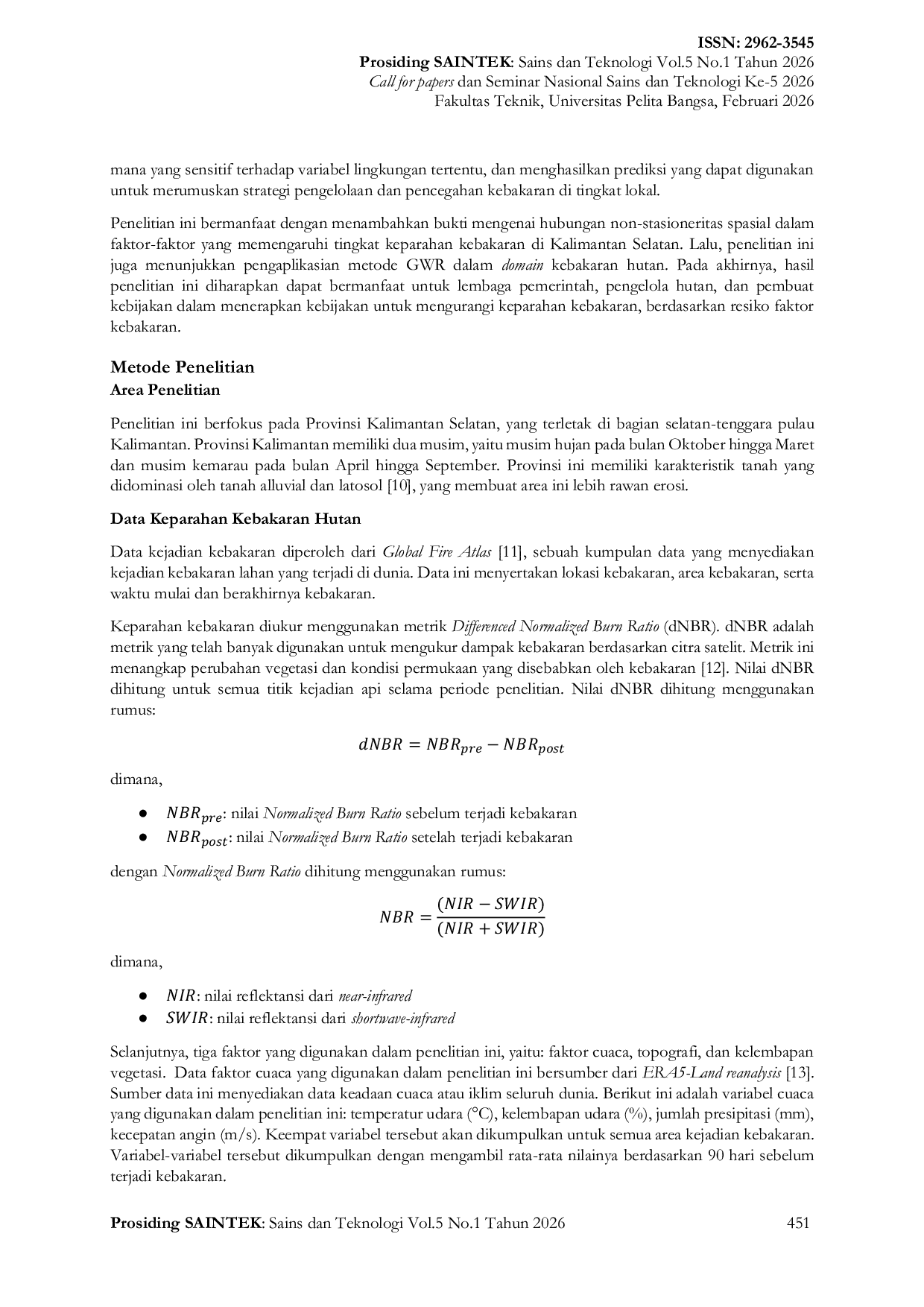 JURIS Faktor Pemengaruh Tingkat Keparahan Kebakaran Hutan di Kalimantan Selatan pada Tahun 2023 Menggunakan Geographically Weighted Regression