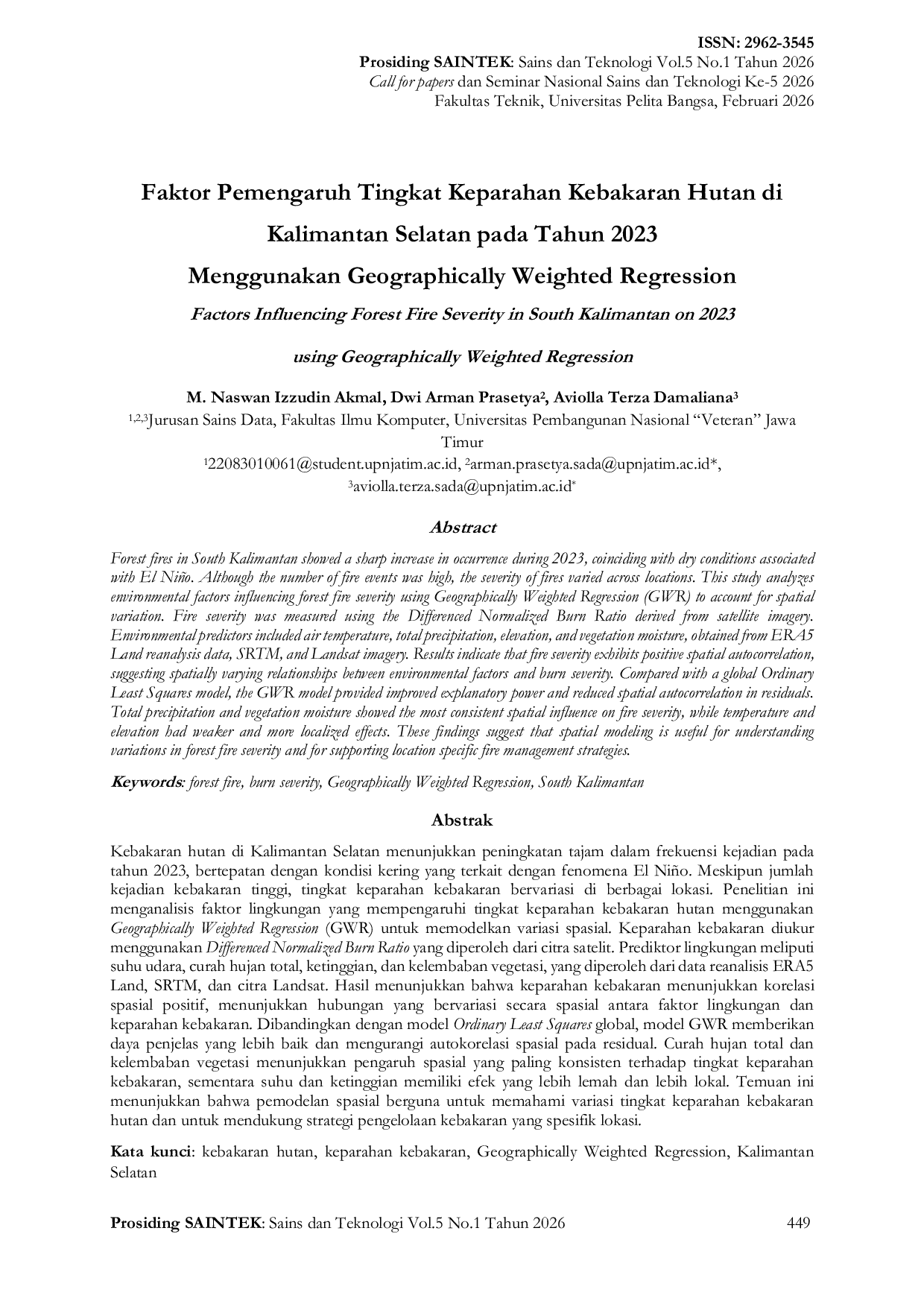 JURIS Faktor Pemengaruh Tingkat Keparahan Kebakaran Hutan di Kalimantan Selatan pada Tahun 2023 Menggunakan Geographically Weighted Regression