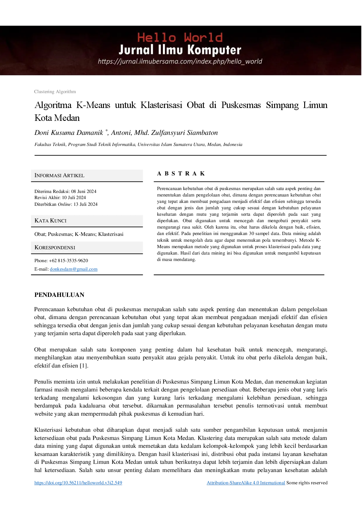 juris Algoritma K Means untuk Klasterisasi Obat di Puskesmas Simpang Limun Kota Medan