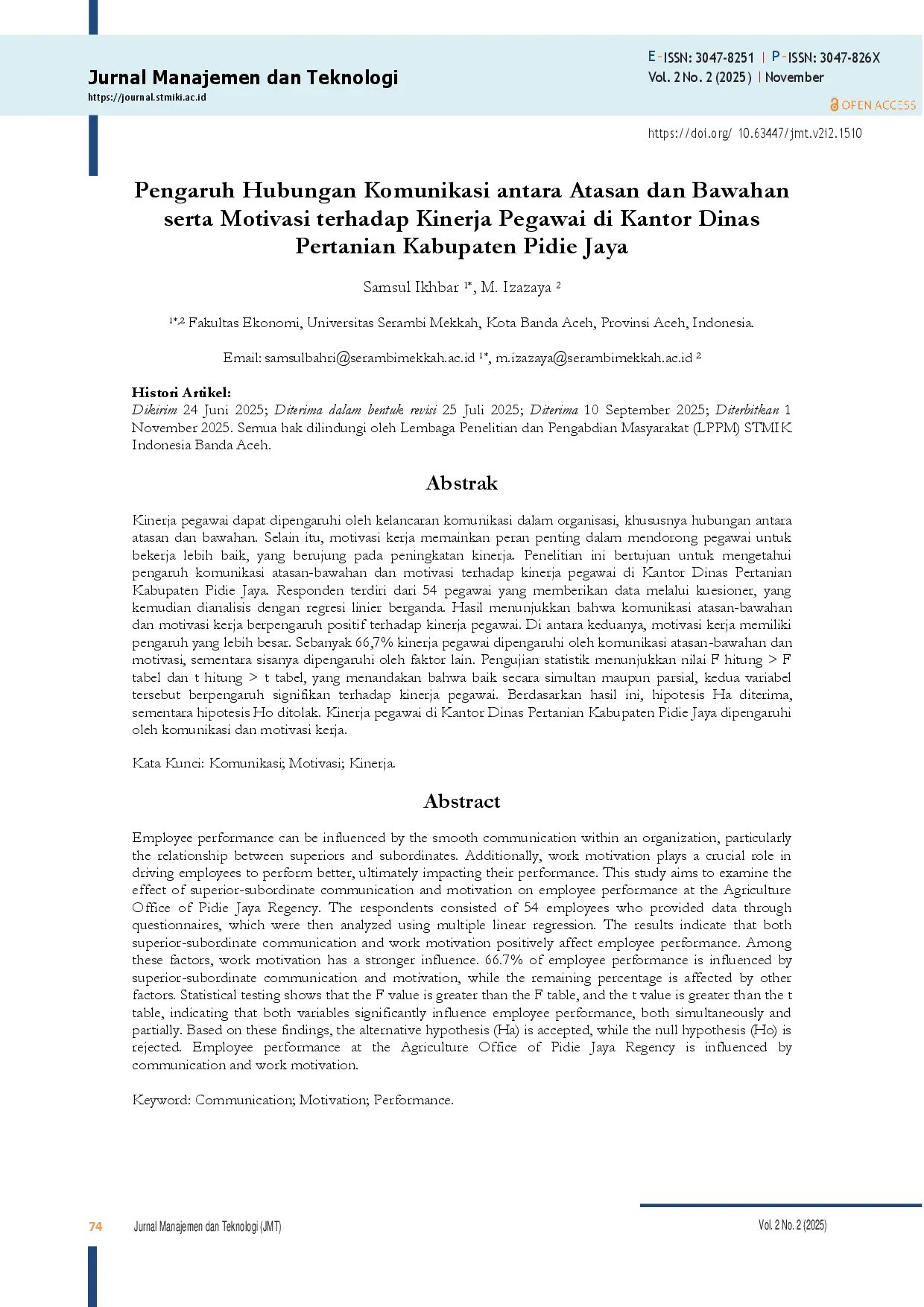 juris Pengaruh Hubungan Komunikasi antara Atasan dan Bawahan serta Motivasi terhadap Kinerja Pegawai di Kantor Dinas Pertanian Kabupaten Pidie Jaya