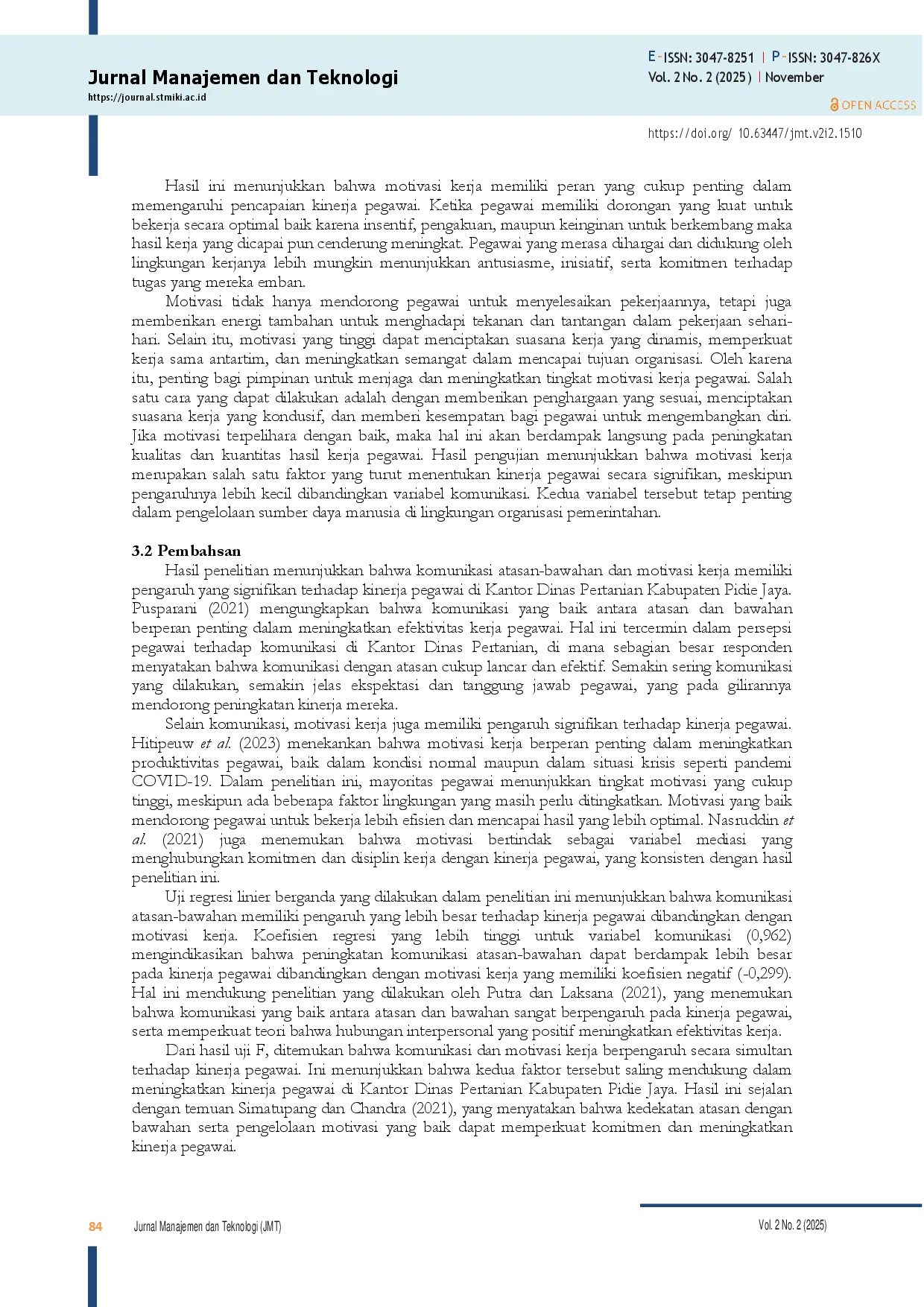 juris Pengaruh Hubungan Komunikasi antara Atasan dan Bawahan serta Motivasi terhadap Kinerja Pegawai di Kantor Dinas Pertanian Kabupaten Pidie Jaya