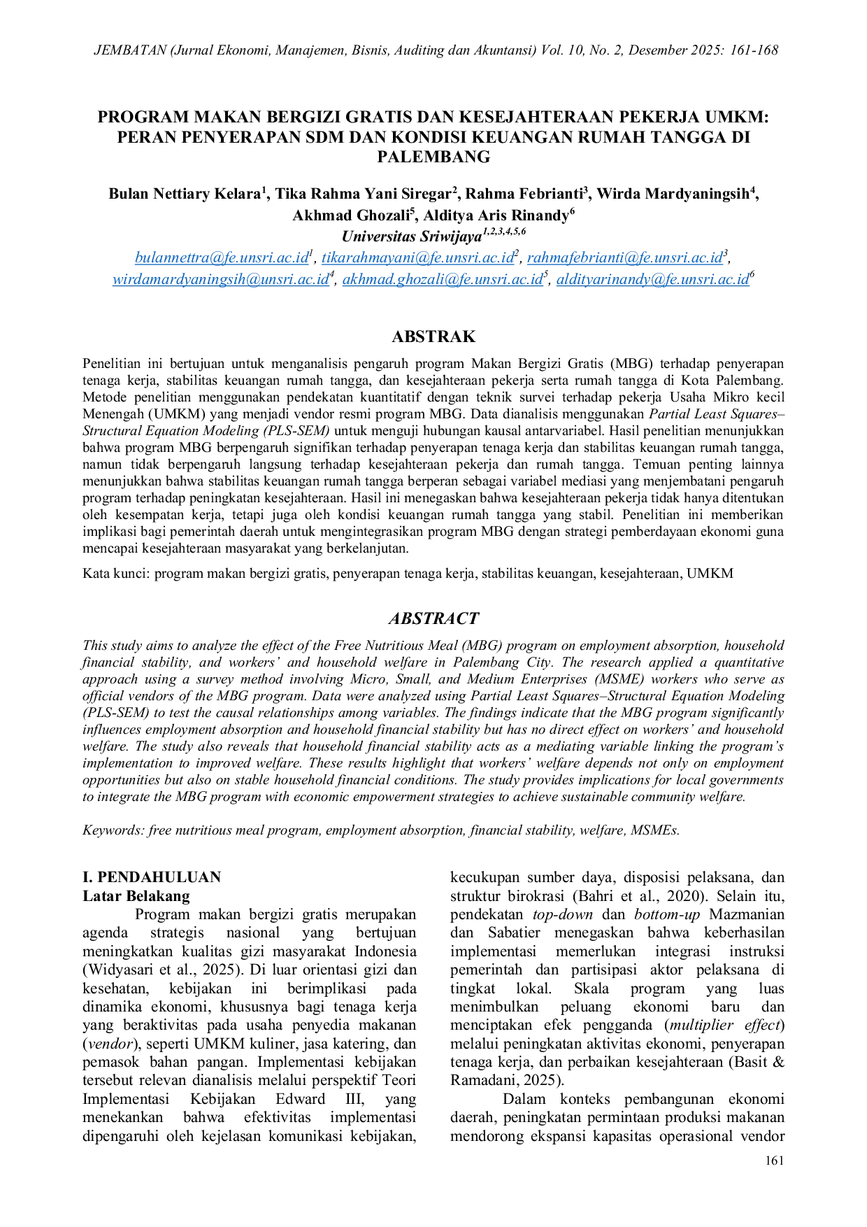 JURIS Program Makan Bergizi Gratis Dan Kesejahteraan Pekerja UMKM Peran Penyerapan SDM Dan Kondisi Keuangan Rumah Tangga Di Palembang