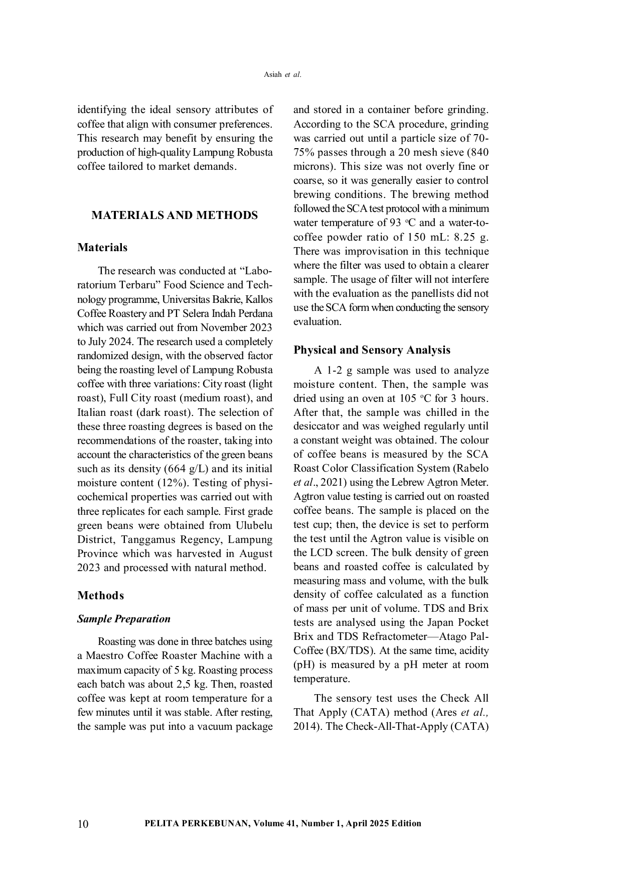 JURIS Physical Characteristic and Sensory Profile of Lampung Robusta Coffee at Various Roasting Degree