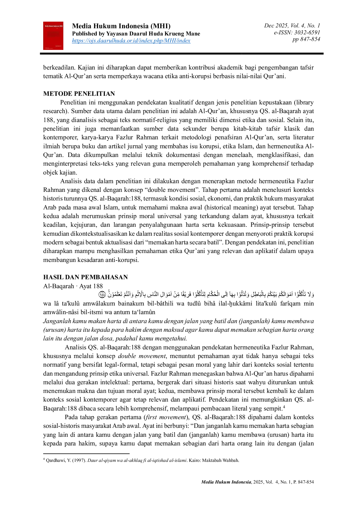 JURIS Qs Al Baqarah 188 Dalam Hermeneutika Fazlur Rahman Etika Anti Korupsi Dalam Perspektif Qur ani