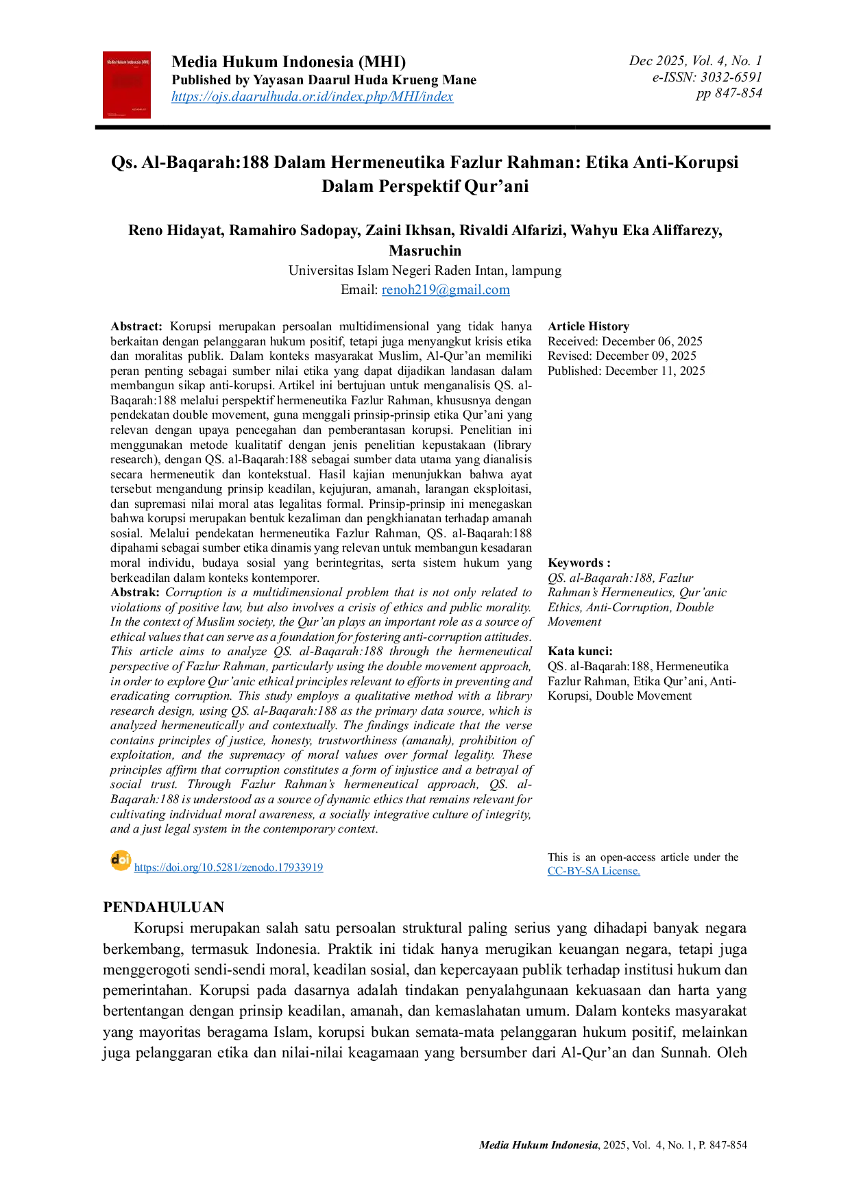 JURIS Qs Al Baqarah 188 Dalam Hermeneutika Fazlur Rahman Etika Anti Korupsi Dalam Perspektif Qur ani