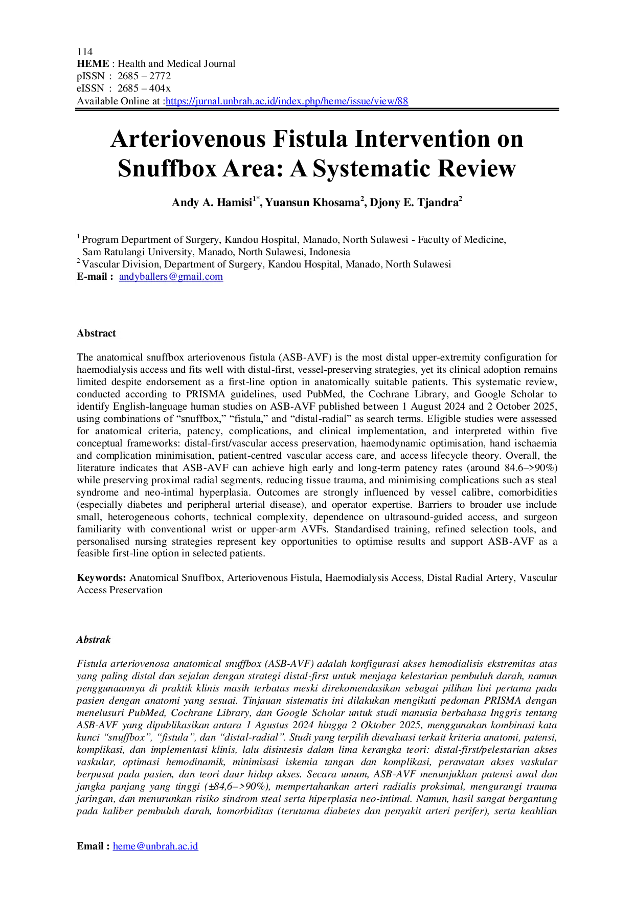 JURIS Arteriovenous Fistula Intervention on Snuffbox Area A Systematic Review