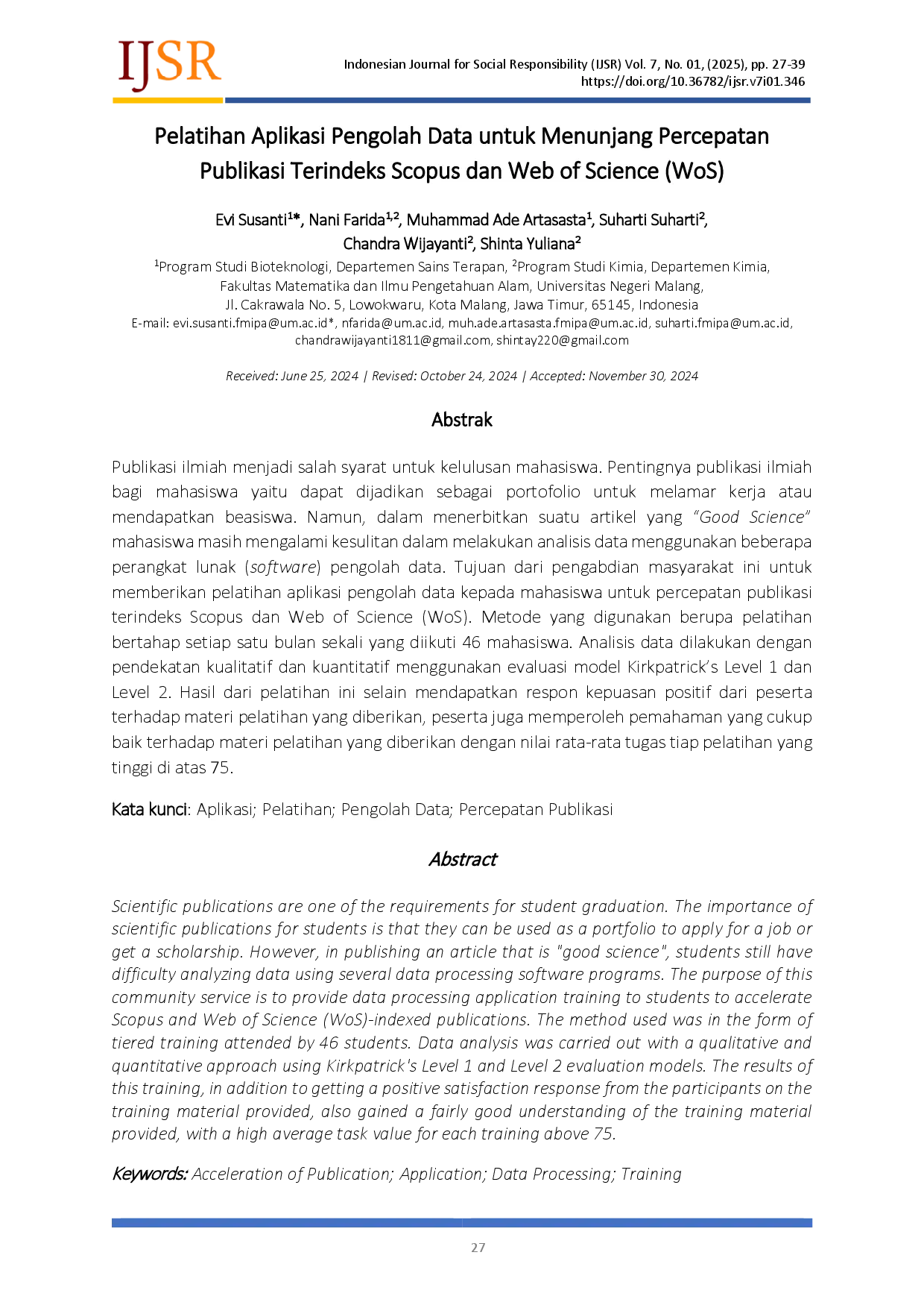 juris Pelatihan Aplikasi Pengolah Data untuk Menunjang Percepatan Publikasi Terindeks Scopus dan Web of Science WoS