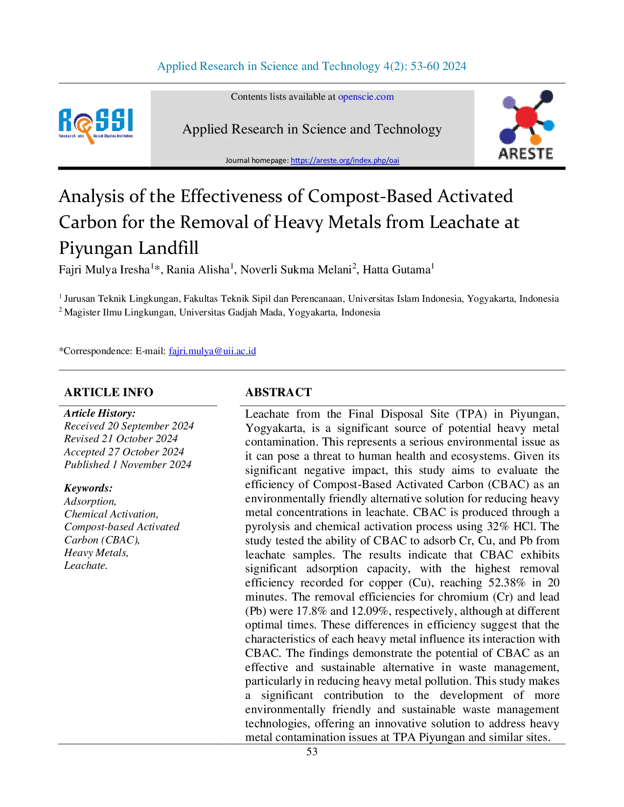 JURIS Analysis of the Effectiveness of Compost Based Activated Carbon for the Removal of Heavy Metals from Leachate at Piyungan Landfill