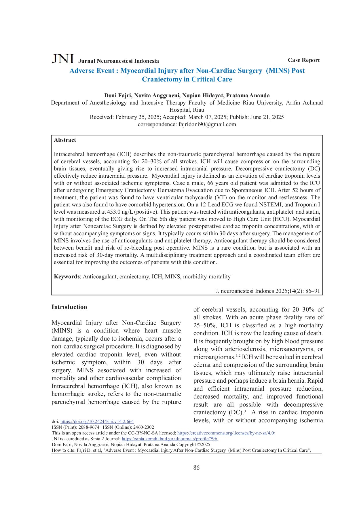 JURIS Adverse Event Myocardial Injury after Non Cardiac Surgery MINS Post Craniectomy in Critical Care